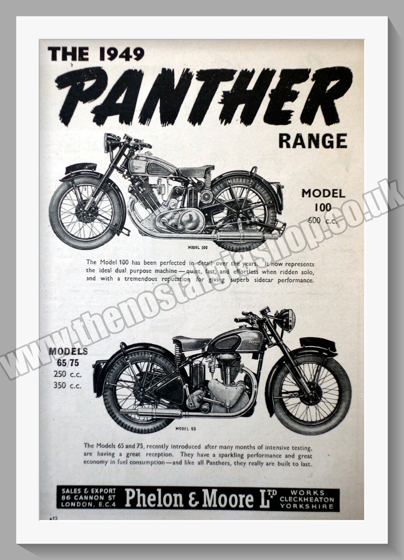 Panther Model 65/75 and 100 Motorcycles. Original Advert 1948 (ref AD56547)