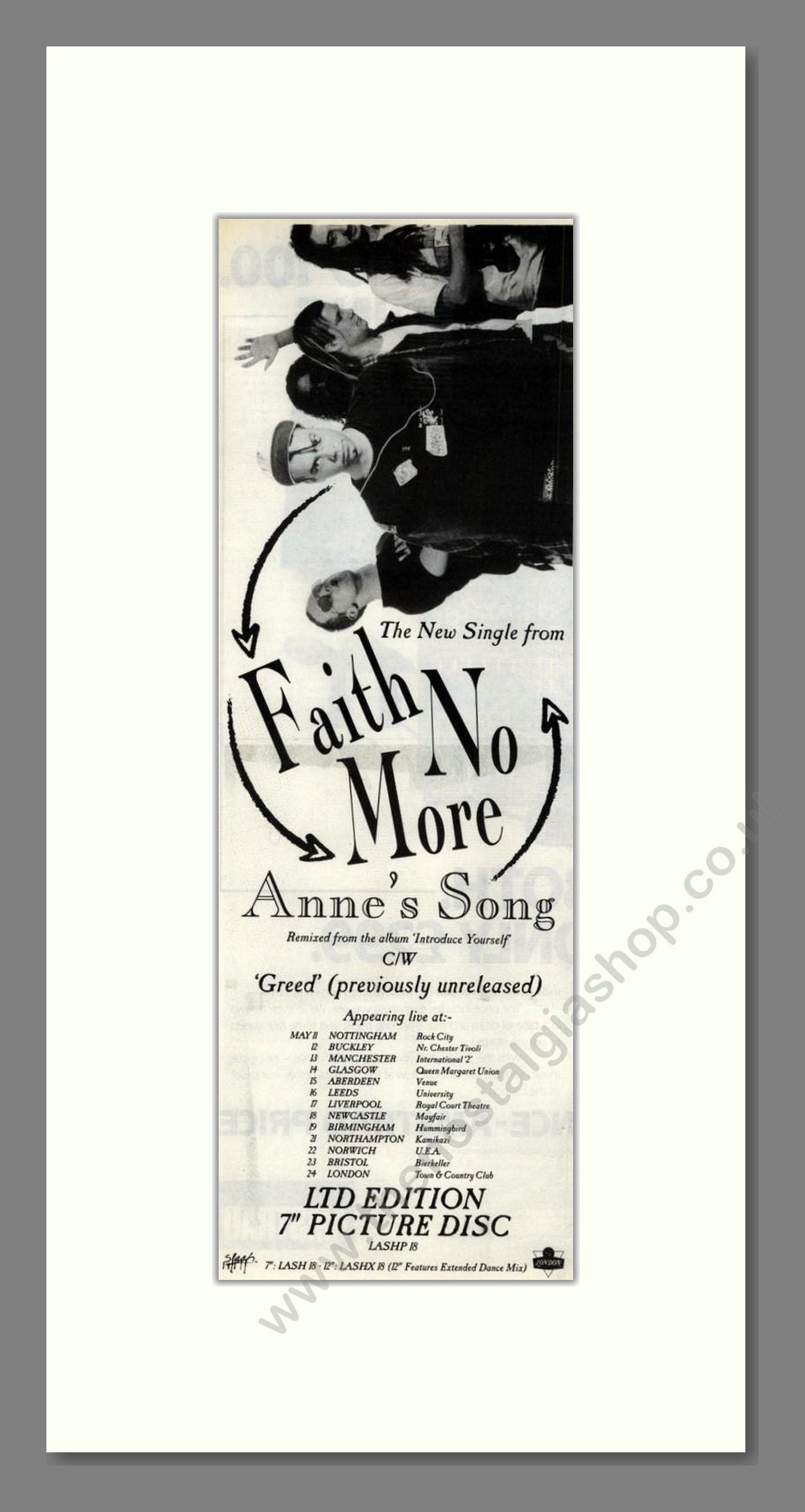 Faith No More - Annes Song. Vintage Advert 1988 (ref AD201759)