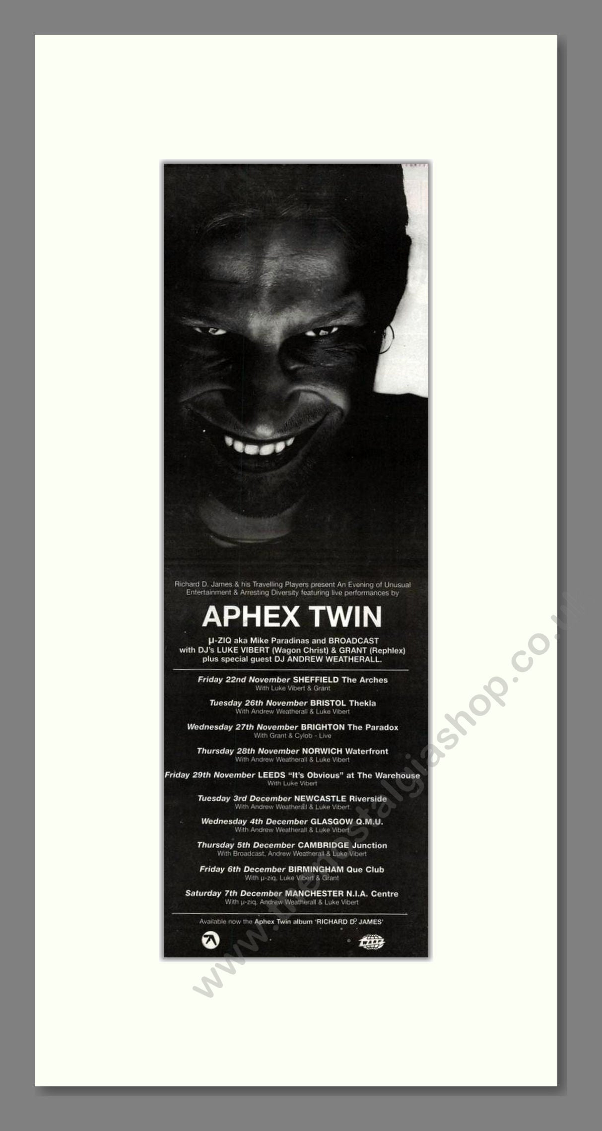 Aphex Twin - UK Tour. Vintage Advert 1996 (ref AD201767)