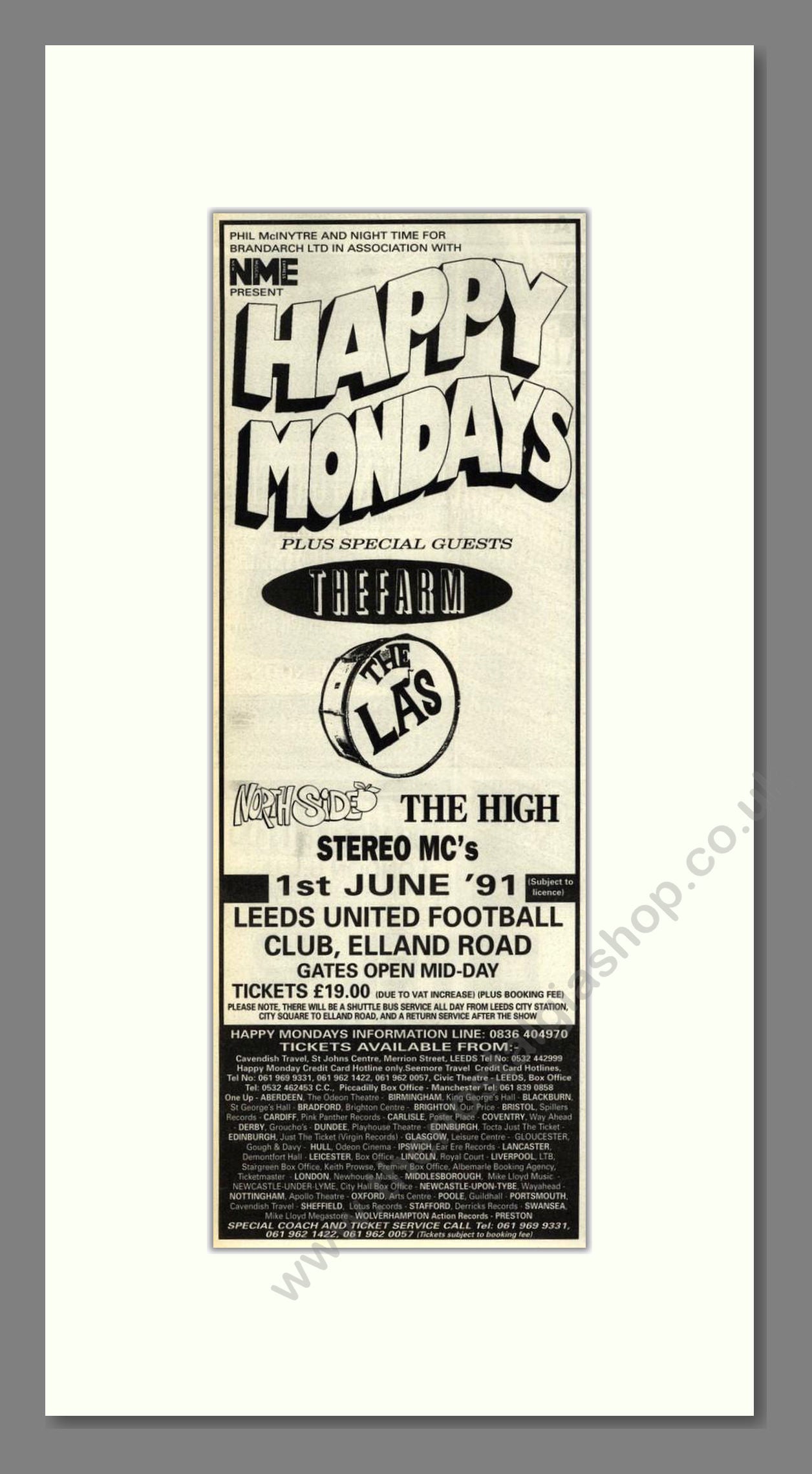 Happy Mondays - Live At Elland Road Leeds. Vintage Advert 1991 (ref AD201809)