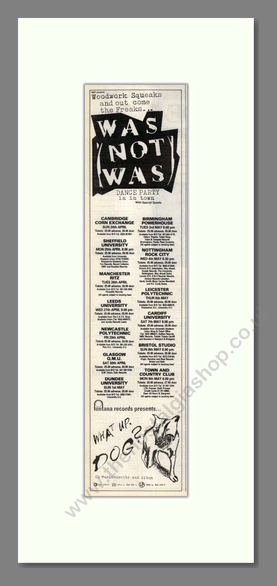 Was (Not Was) - UK Tour. Vintage Advert 1988 (ref AD201817)