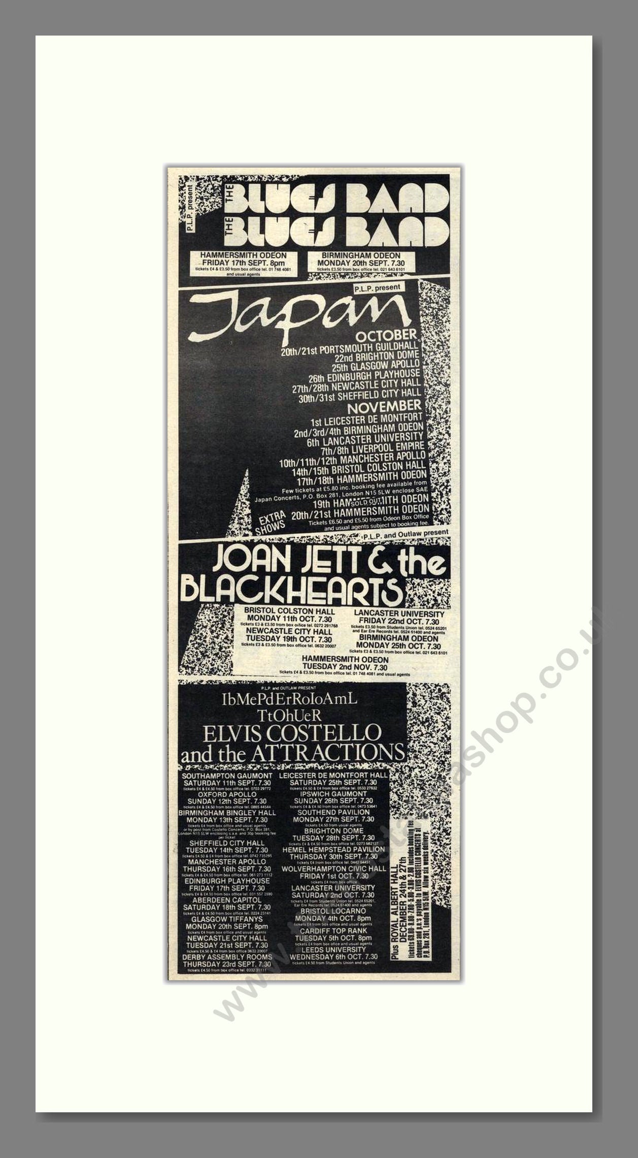 Japan / Joan Jett / Elvis Costello - UK Tour. Vintage Advert 1982 (ref AD201835)