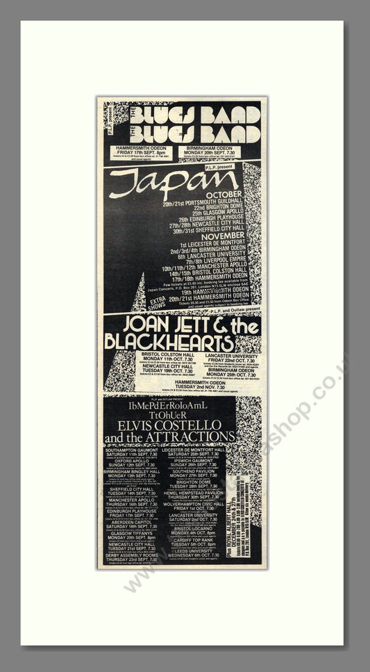 Japan / Joan Jett / Elvis Costello - UK Tour. Vintage Advert 1982 (ref AD201835)