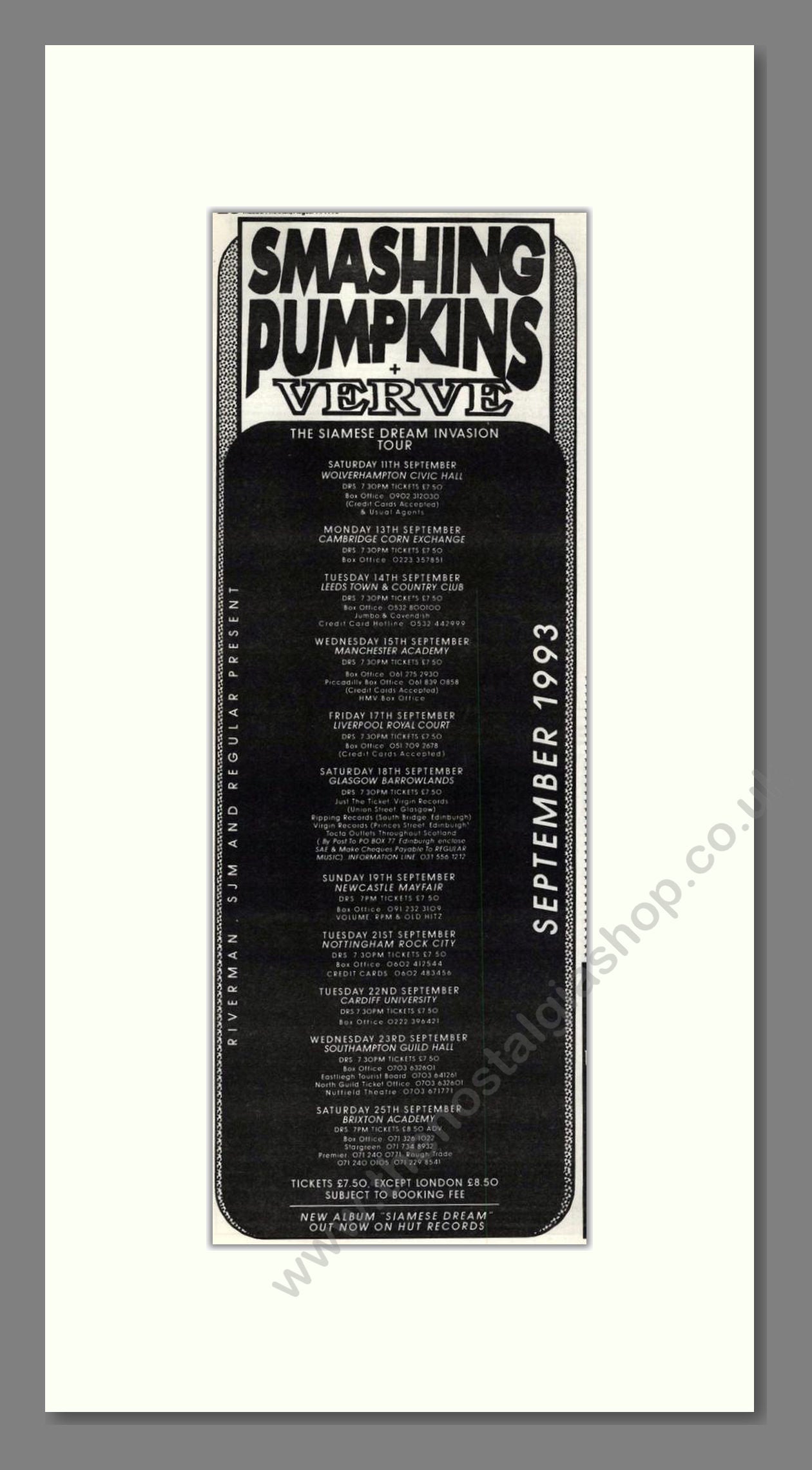 Smashing Pumpkins / Verve - UK Tour. Vintage Advert 1993 (ref AD201868)