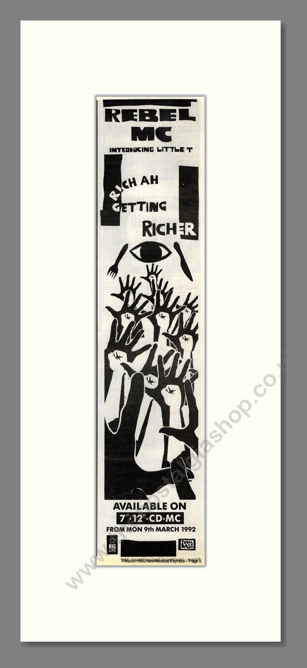Rebel MC - Rich Ah Getting Richer. Vintage Advert 1992 (ref AD201885)