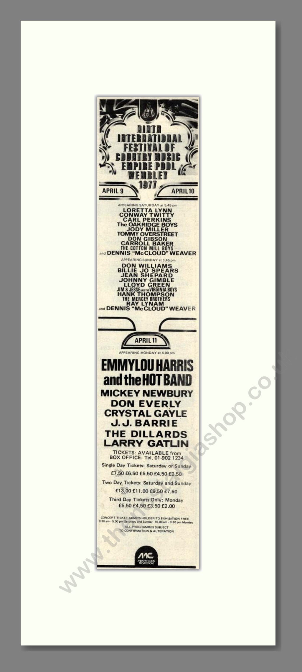 Country Music Festival - Wembley. Vintage Advert 1977 (ref AD201955)