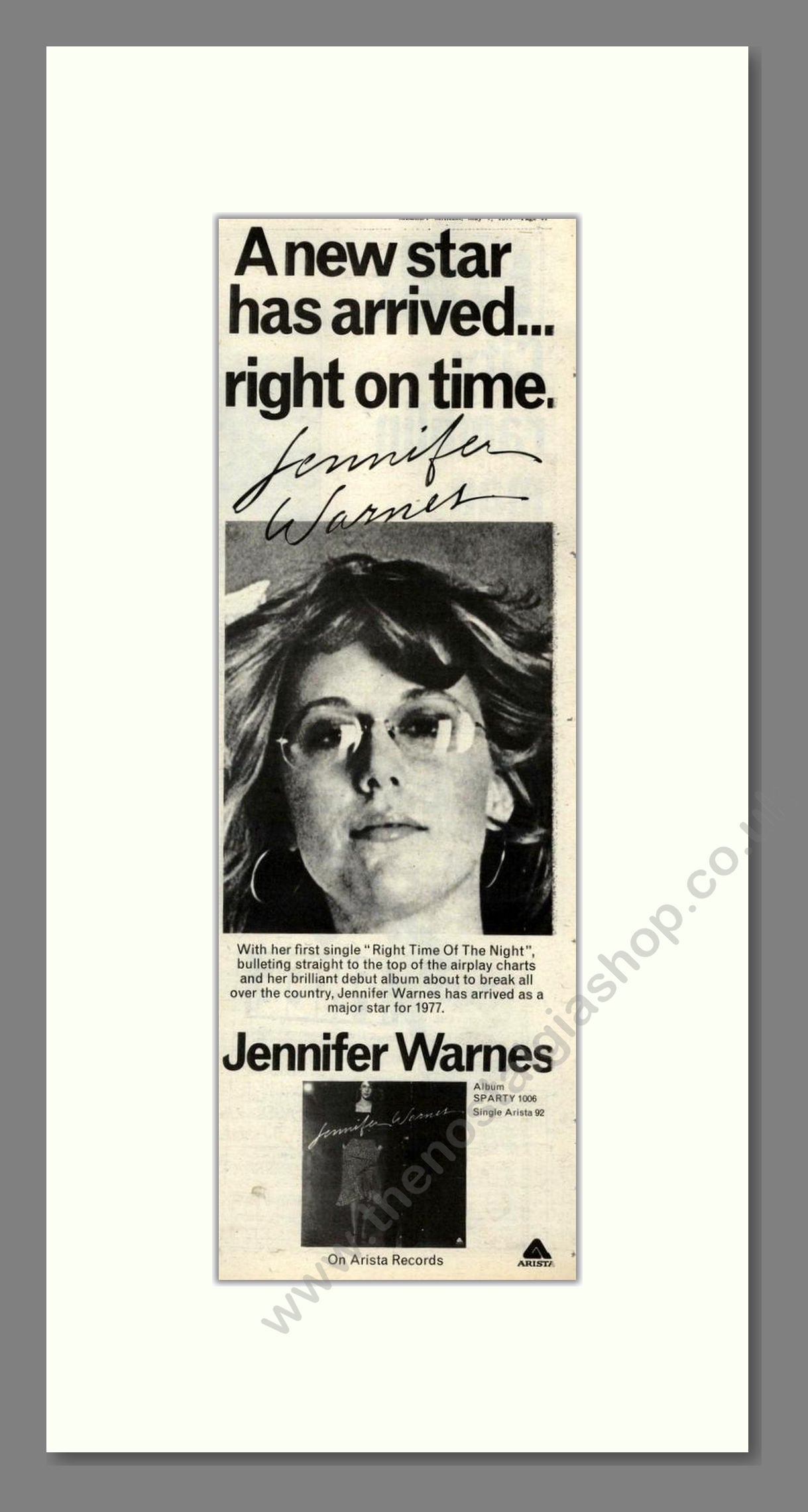 Jennifer Warnes - Debut Album. Vintage Advert 1977 (ref AD201958)