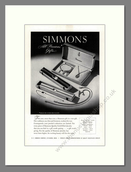 Simmons - All Precious Gifts. Vintage Advert 1944 (ref AD68020)