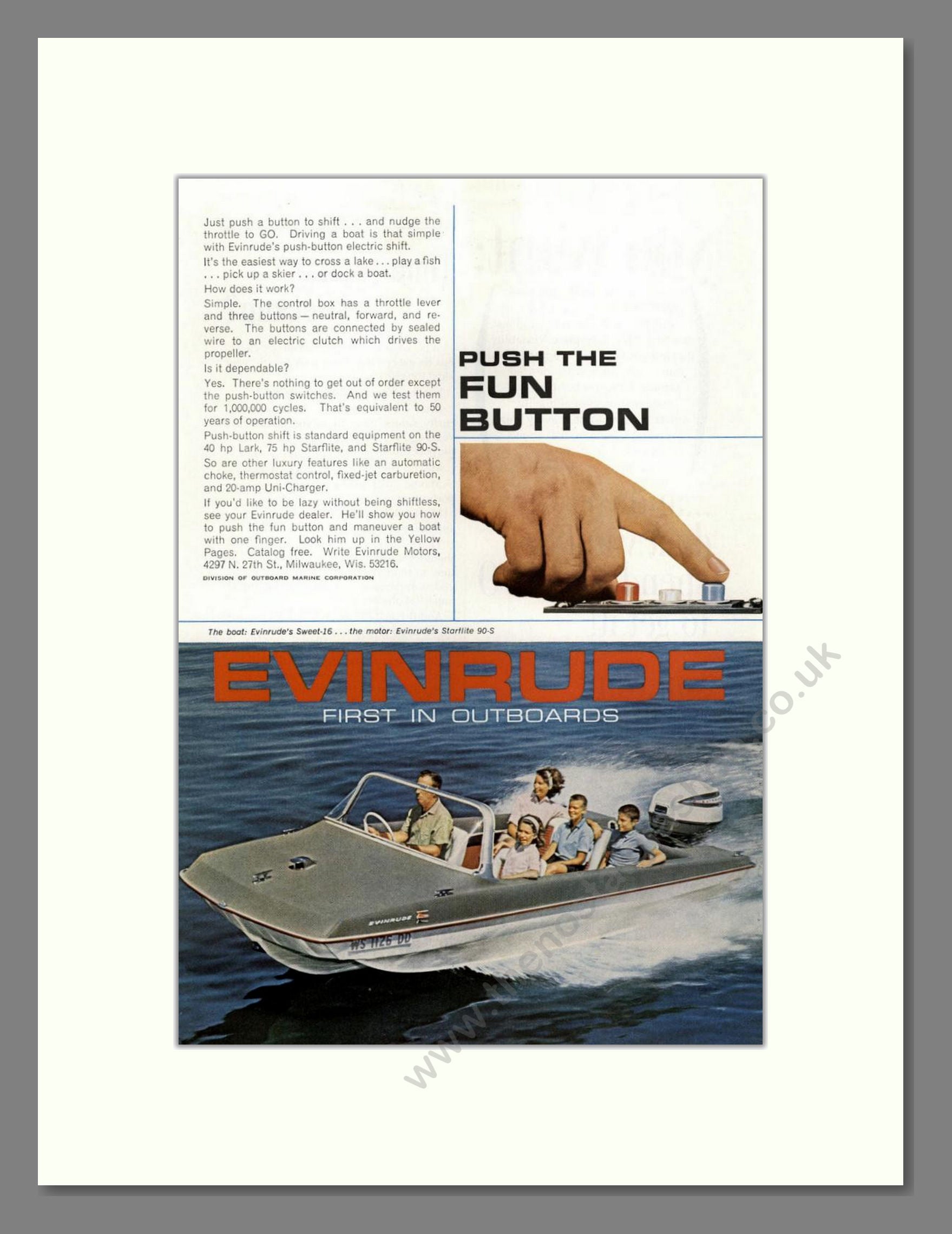 Evinrude - Startlite 90-S Outboard Motor. Vintage Advert 1964 (ref AD68039)