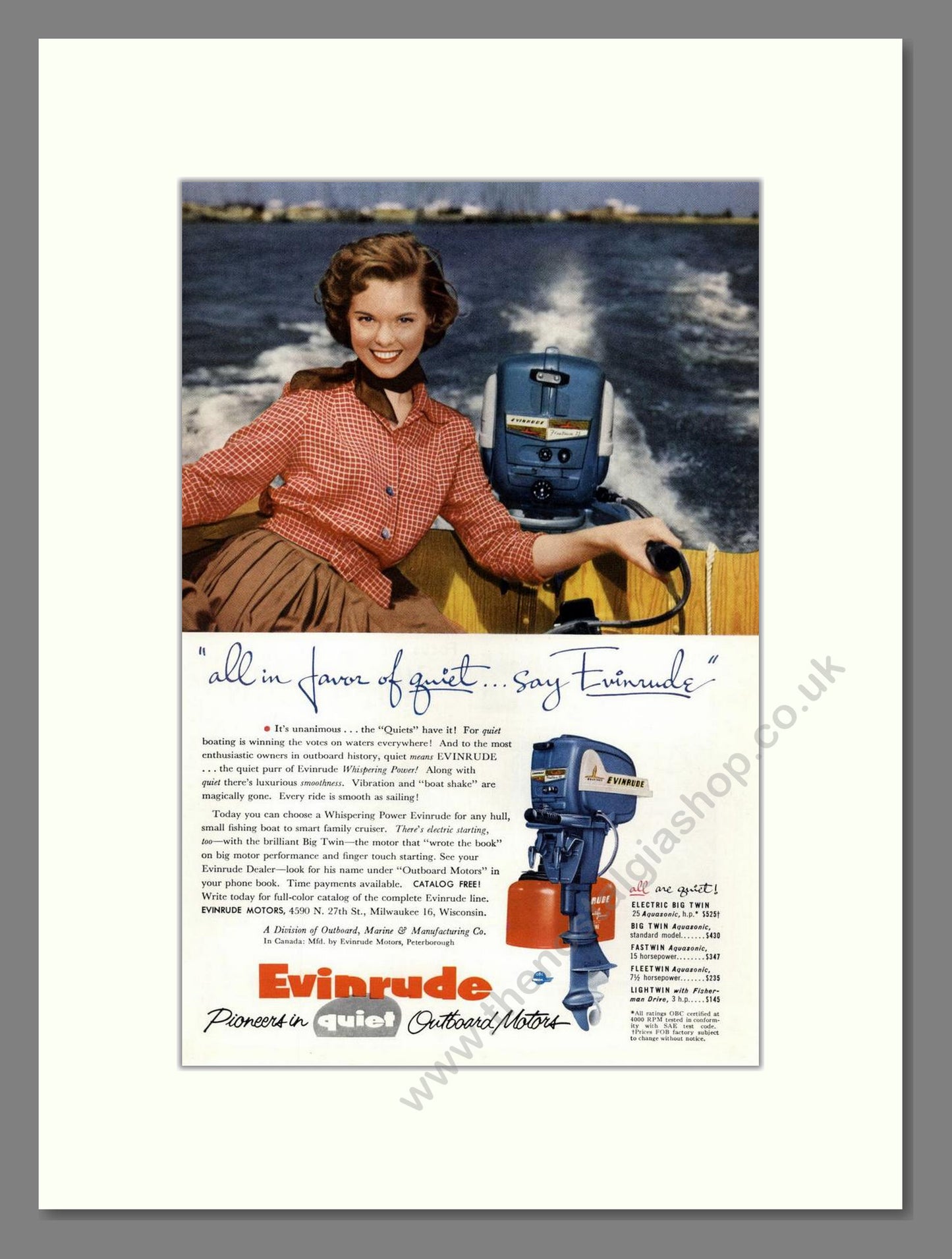 Evinrude - Quiet Outboard Motor. Vintage Advert 1955 (ref AD68064)