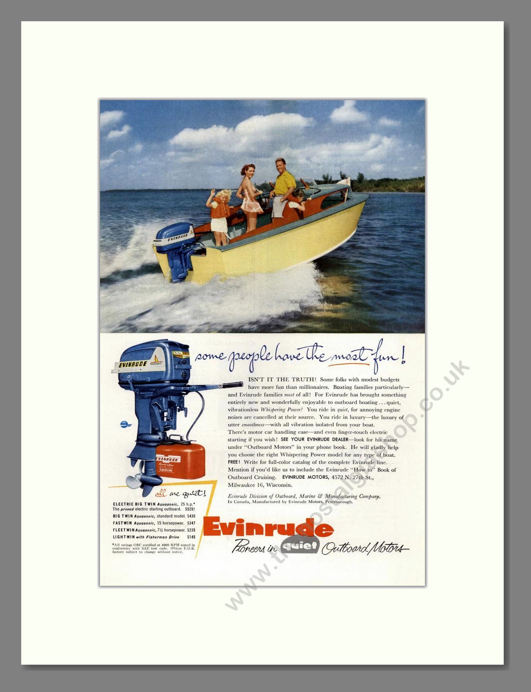 Evinrude - Quiet Outboard Motor. Vintage Advert 1955 (ref AD68065)
