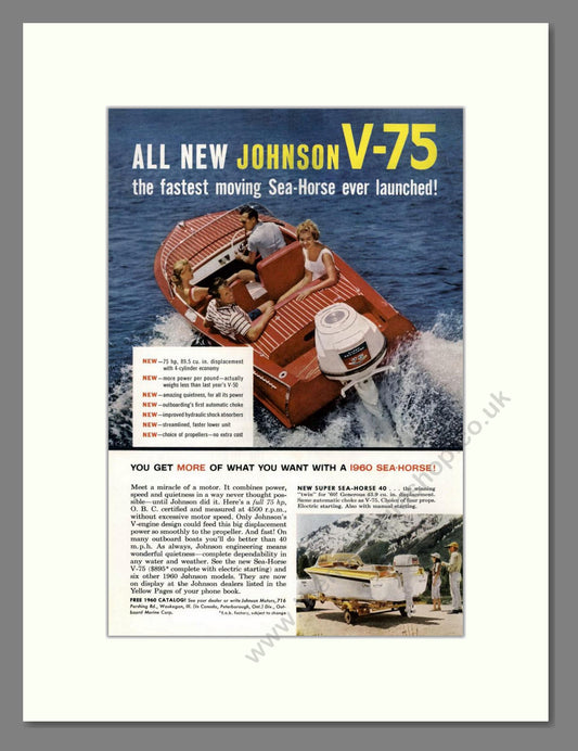 Johnson - V-75 Sea Horse Outboard Motor. Vintage Advert 1959 (ref AD68080)