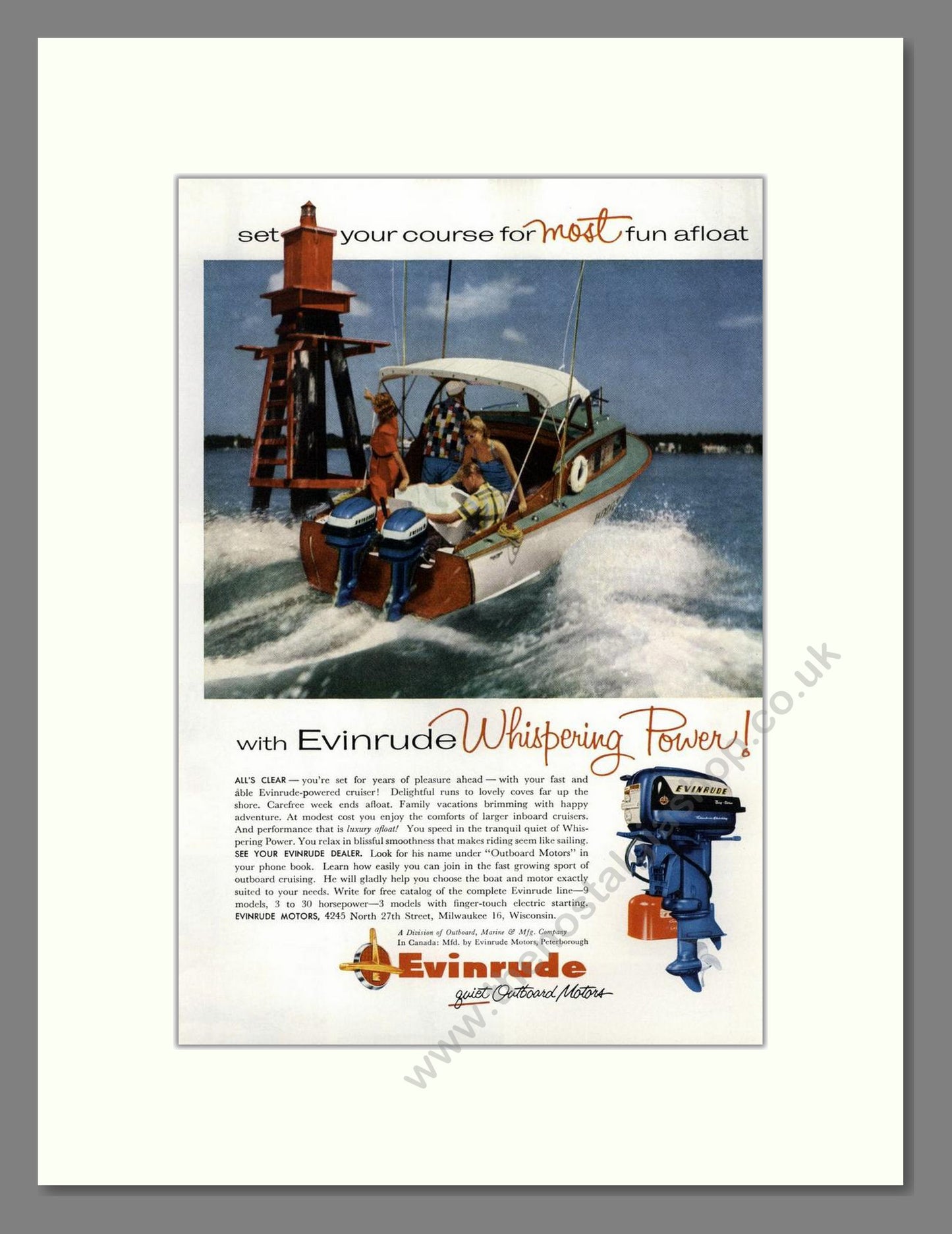Evinrude - Whispering Power Outboard Motor. Vintage Advert 1956 (ref AD68087)