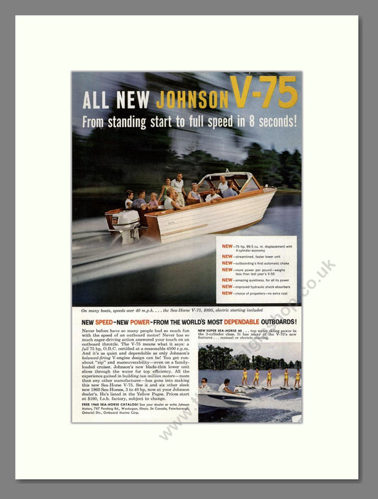 Johnson - V-75 Sea Horse Outboard Motor. Vintage Advert 1960 (ref AD68109)