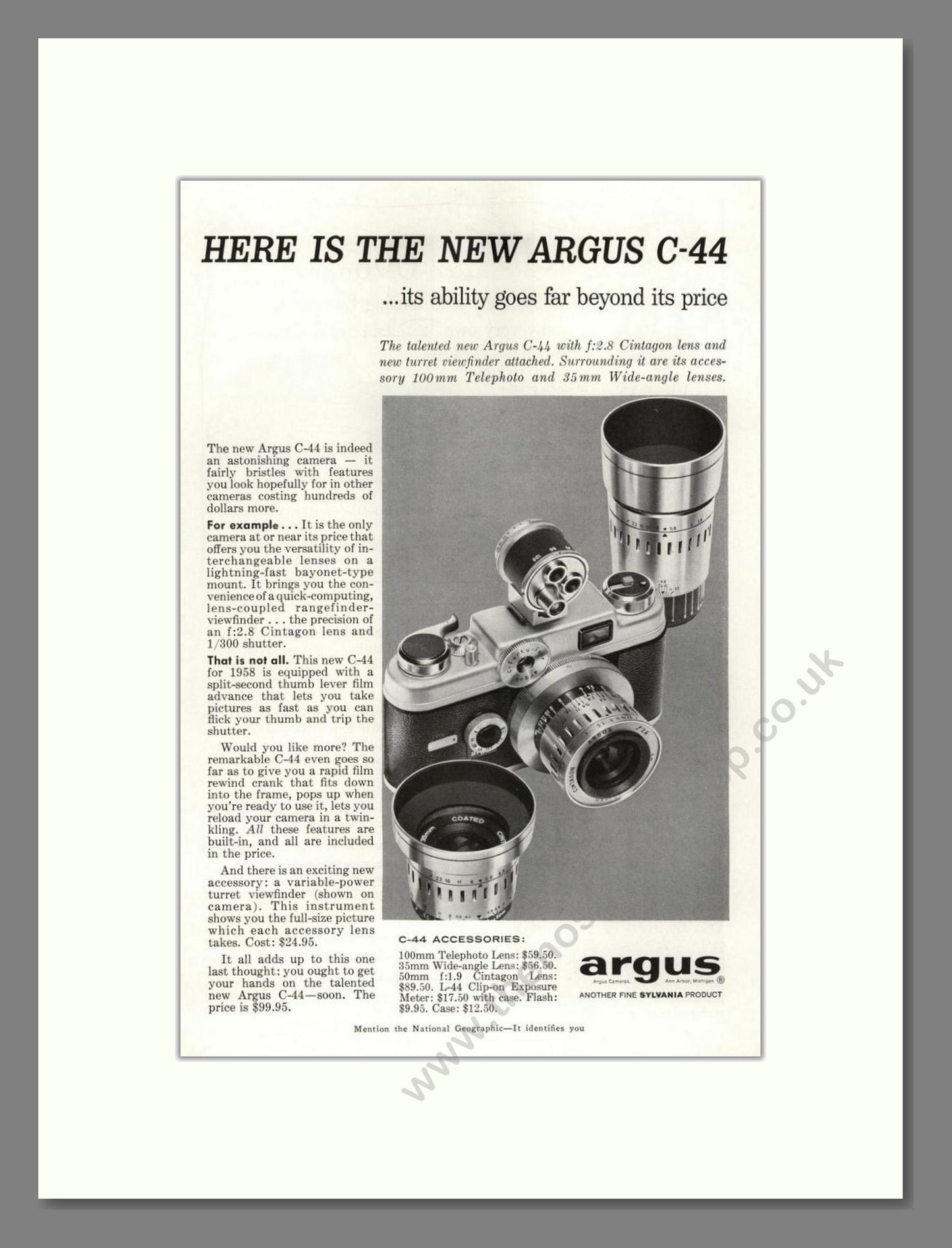 Argus - C-44 Slide Camera. Vintage Advert 1958 (ref AD68127)