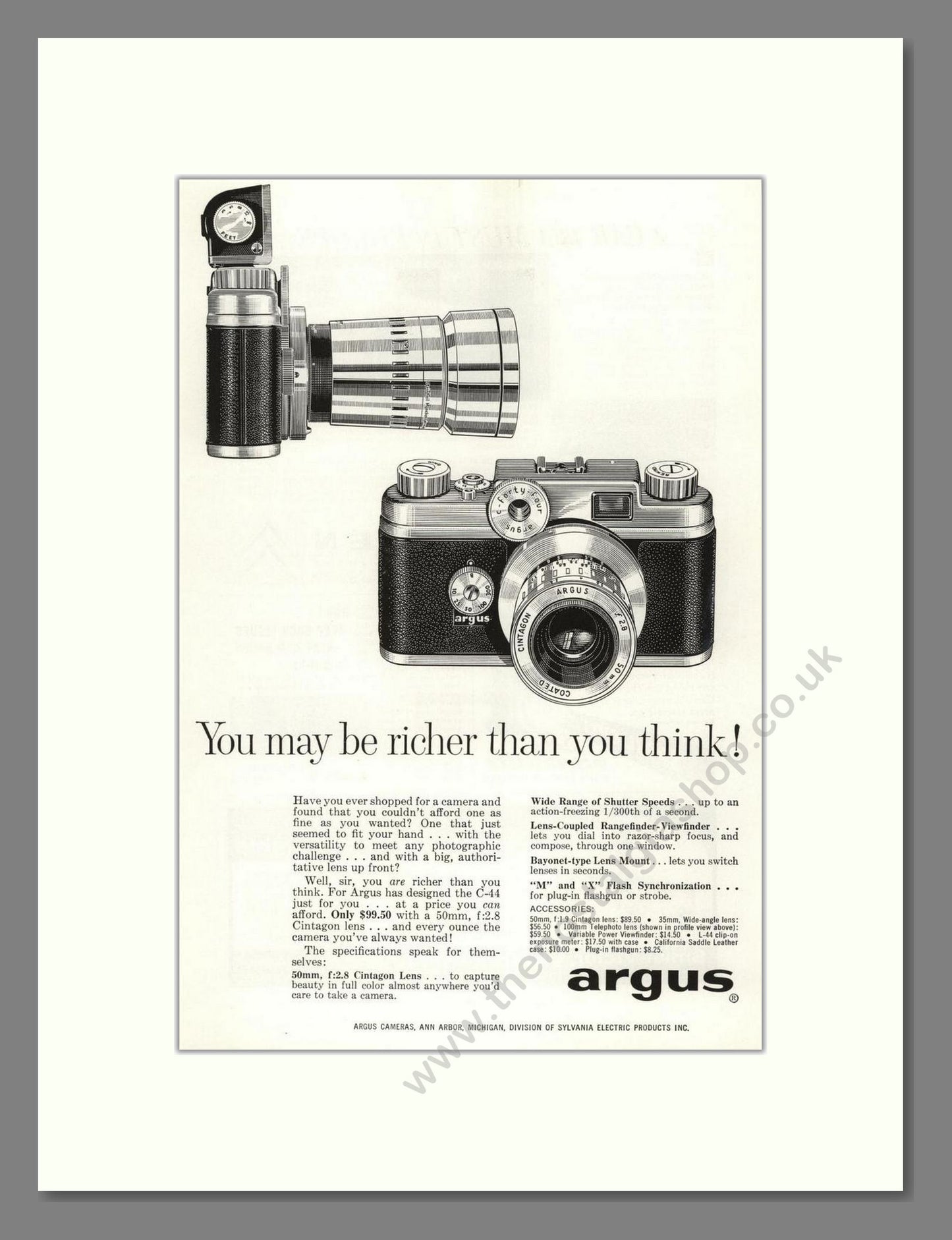Argus - C-44 Slide Camera. Vintage Advert 1957 (ref AD68128)