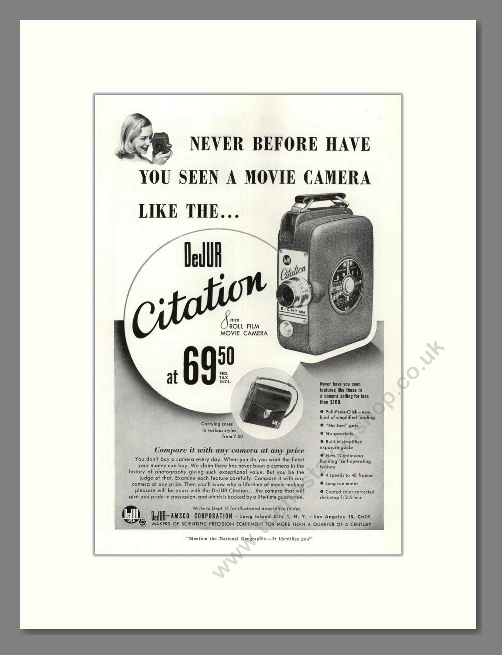 Dejur - Citation Movie Camera. Vintage Advert 1950 (ref AD68234)