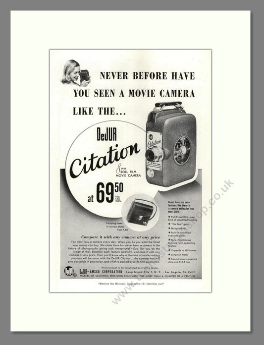 Dejur - Citation Movie Camera. Vintage Advert 1950 (ref AD68234)