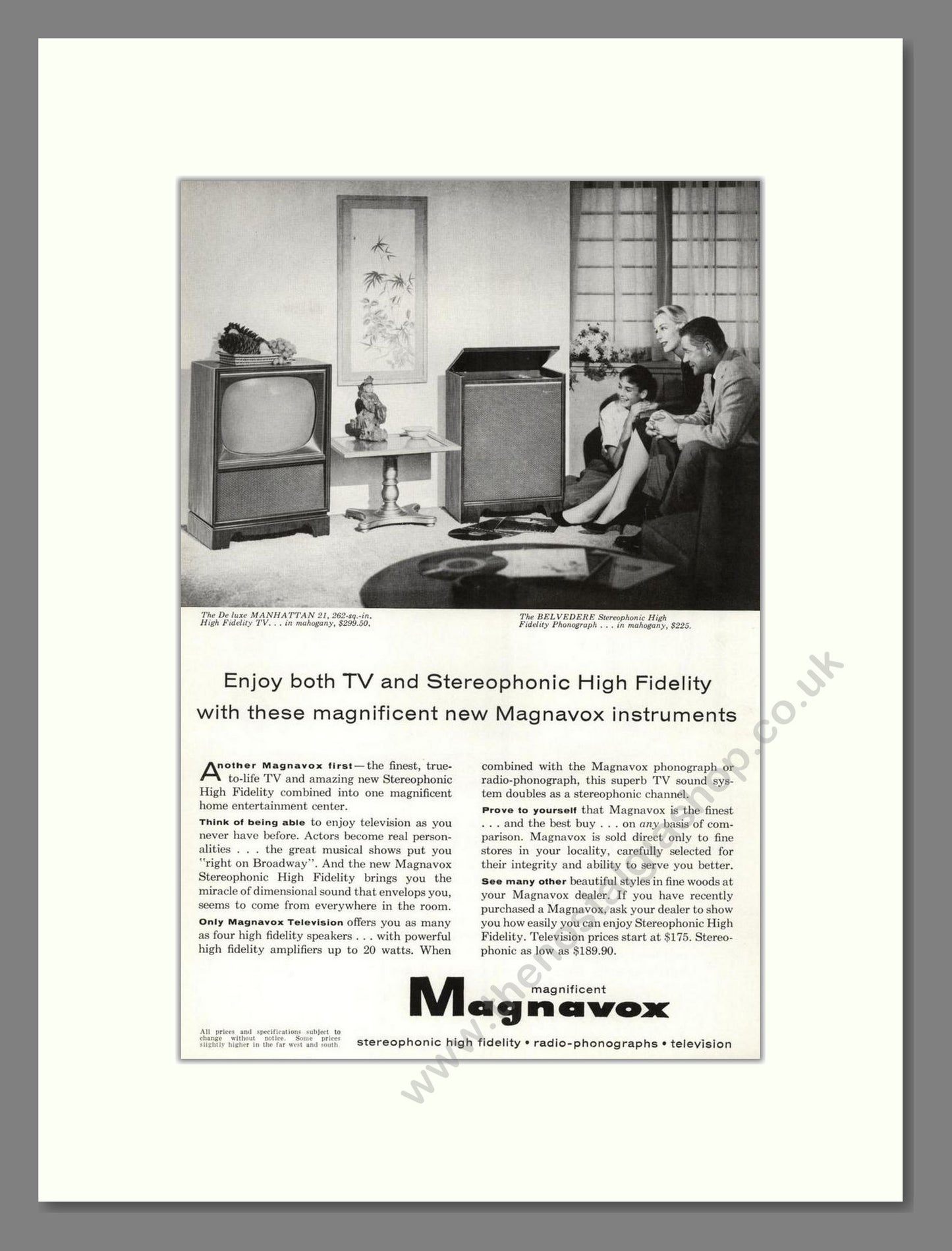 Magnavox - Manhattan / Belvedere TV. Vintage Advert 1958 (ref AD68454)