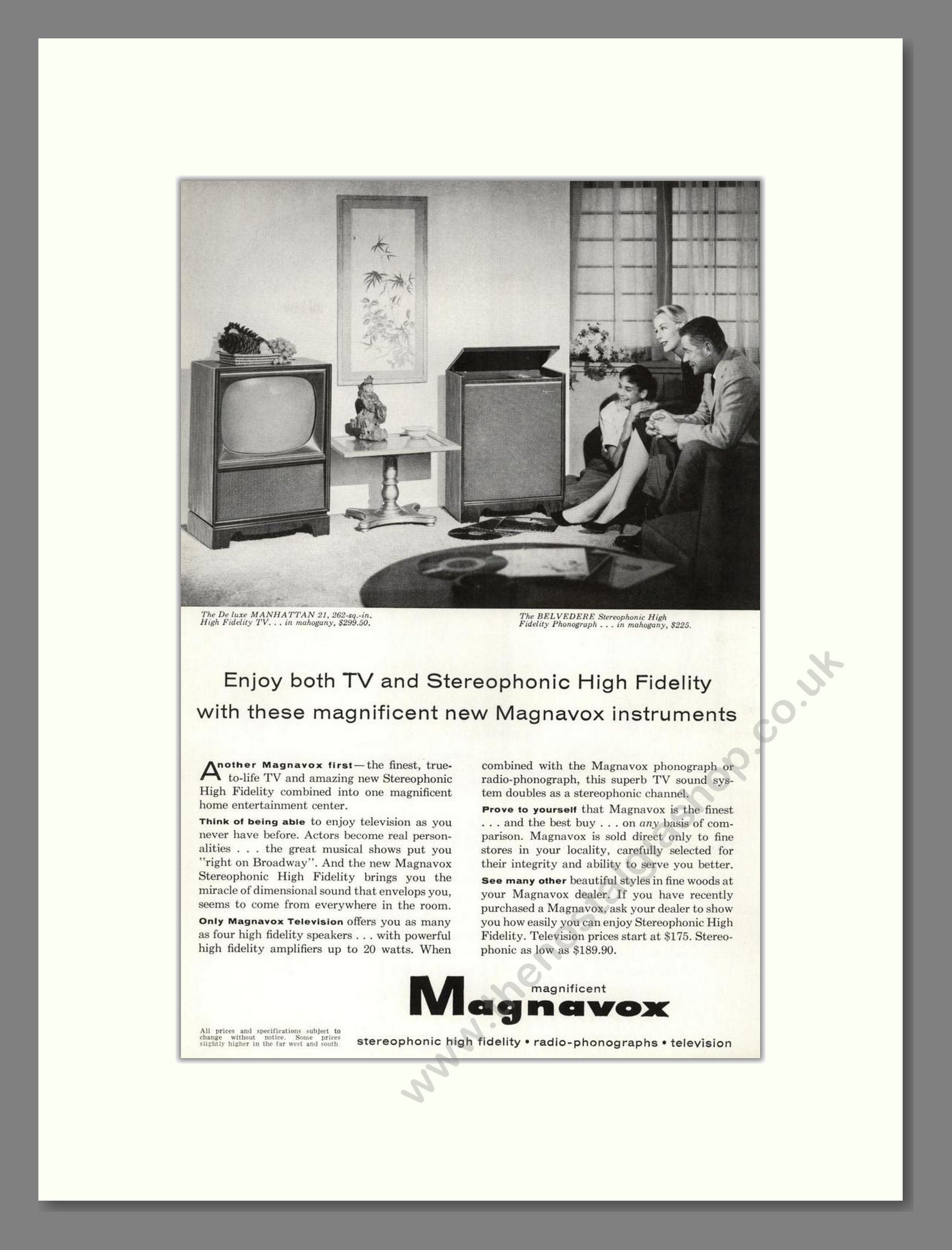 Magnavox - Manhattan / Belvedere TV. Vintage Advert 1958 (ref AD68454)