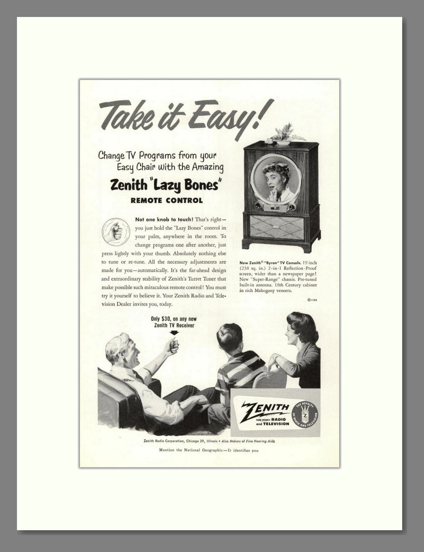 Zenith - Lazy Bones Remote Control. Vintage Advert 1951 (ref AD68482)