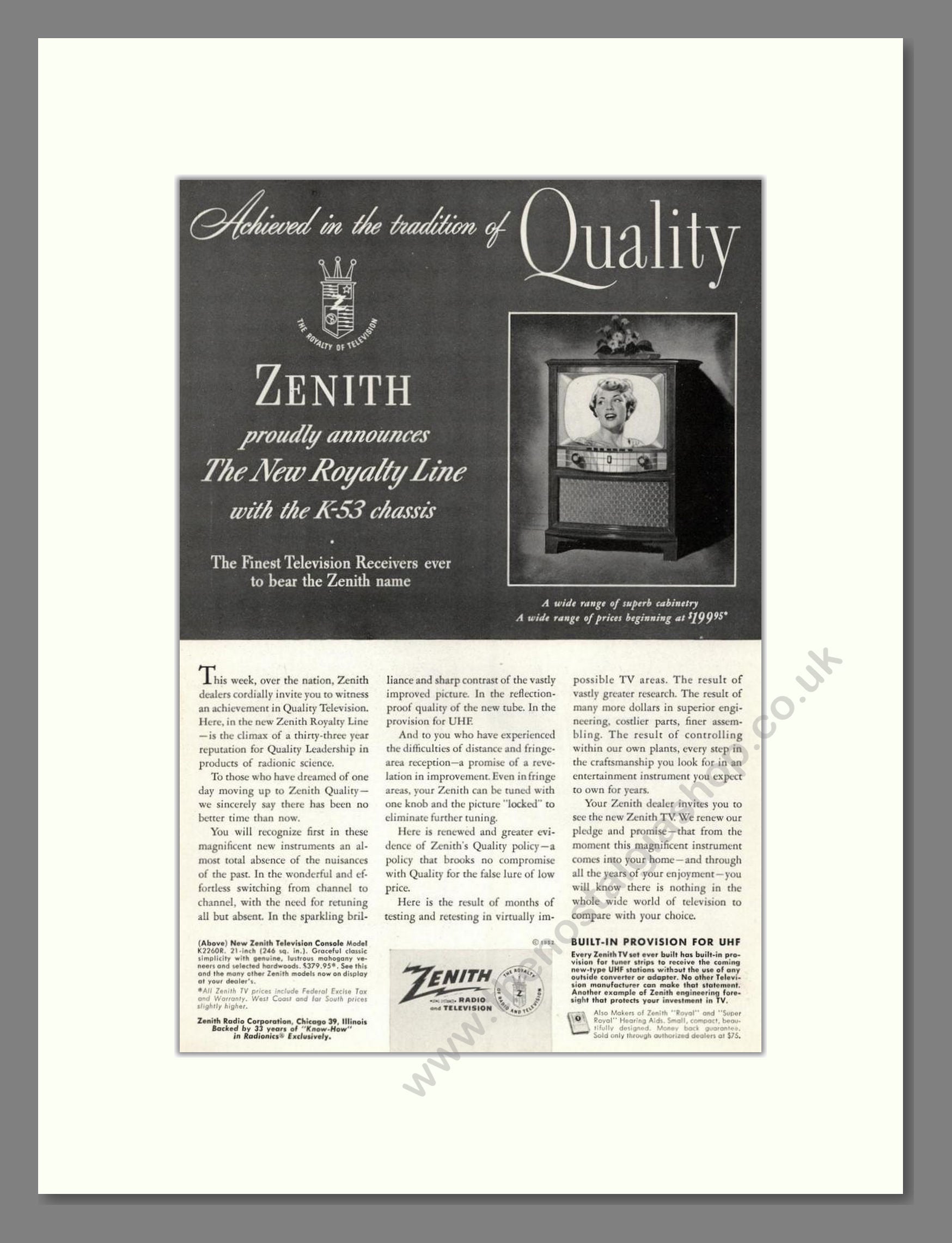 Zenith - Royalty TV. Vintage Advert 1952 (ref AD68490)