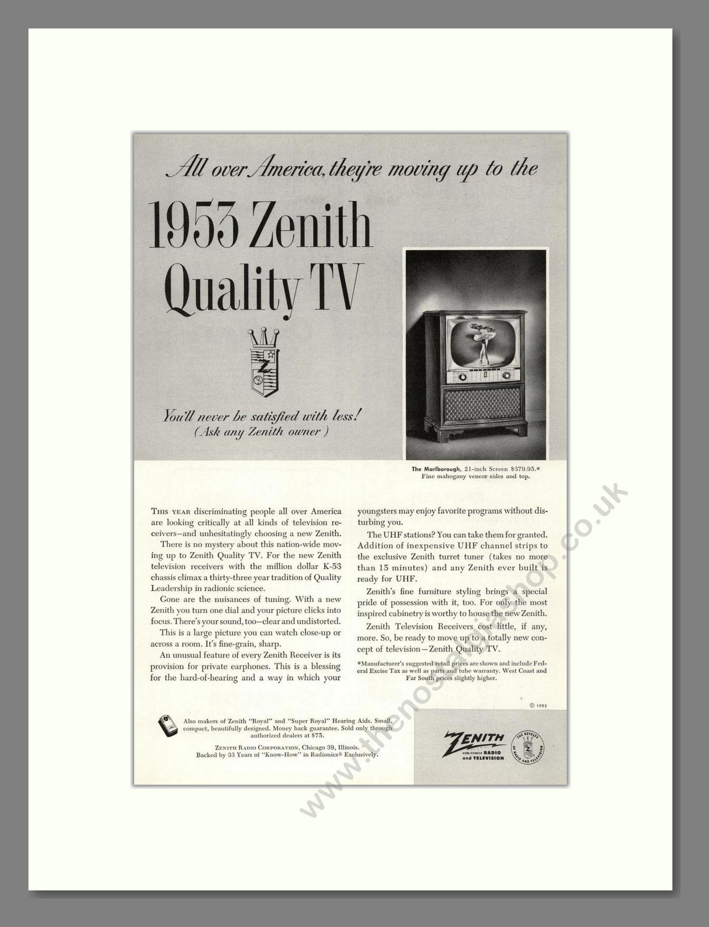 Zenith - Marlborough TV. Vintage Advert 1952 (ref AD68491)