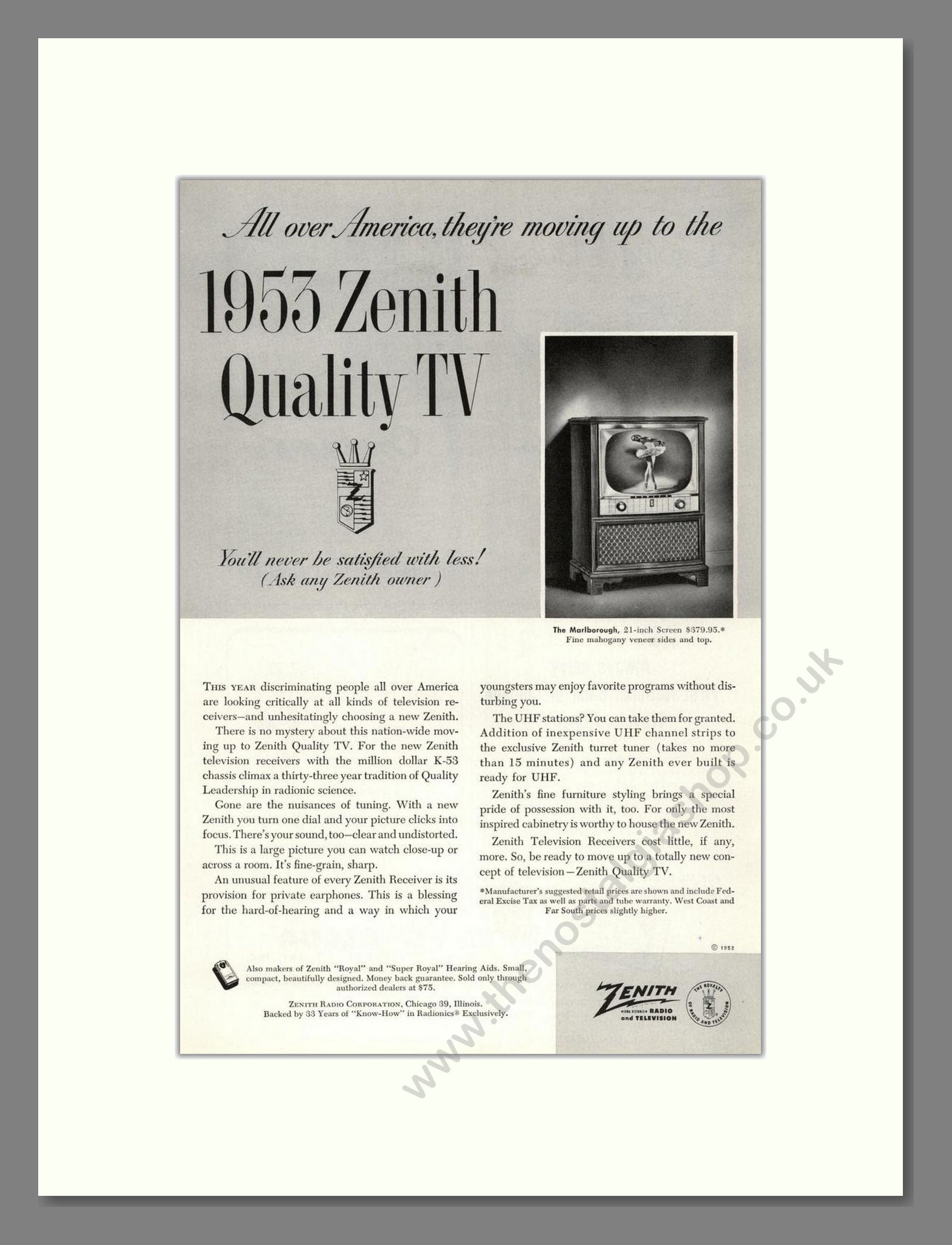 Zenith - Marlborough TV. Vintage Advert 1952 (ref AD68491)