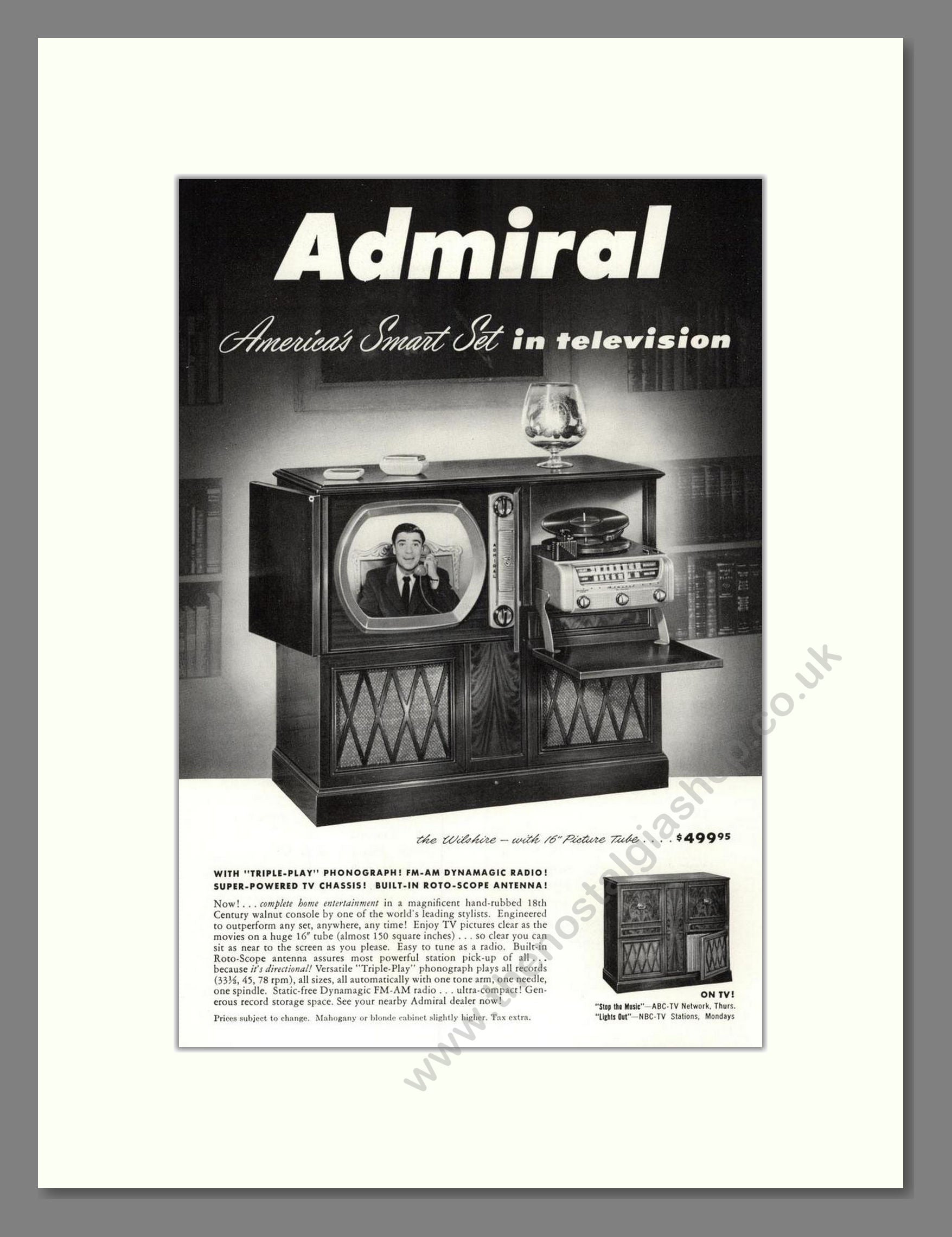 Admiral - 16 Inch TV With Phonograph. Vintage Advert 1950 (ref AD68501)