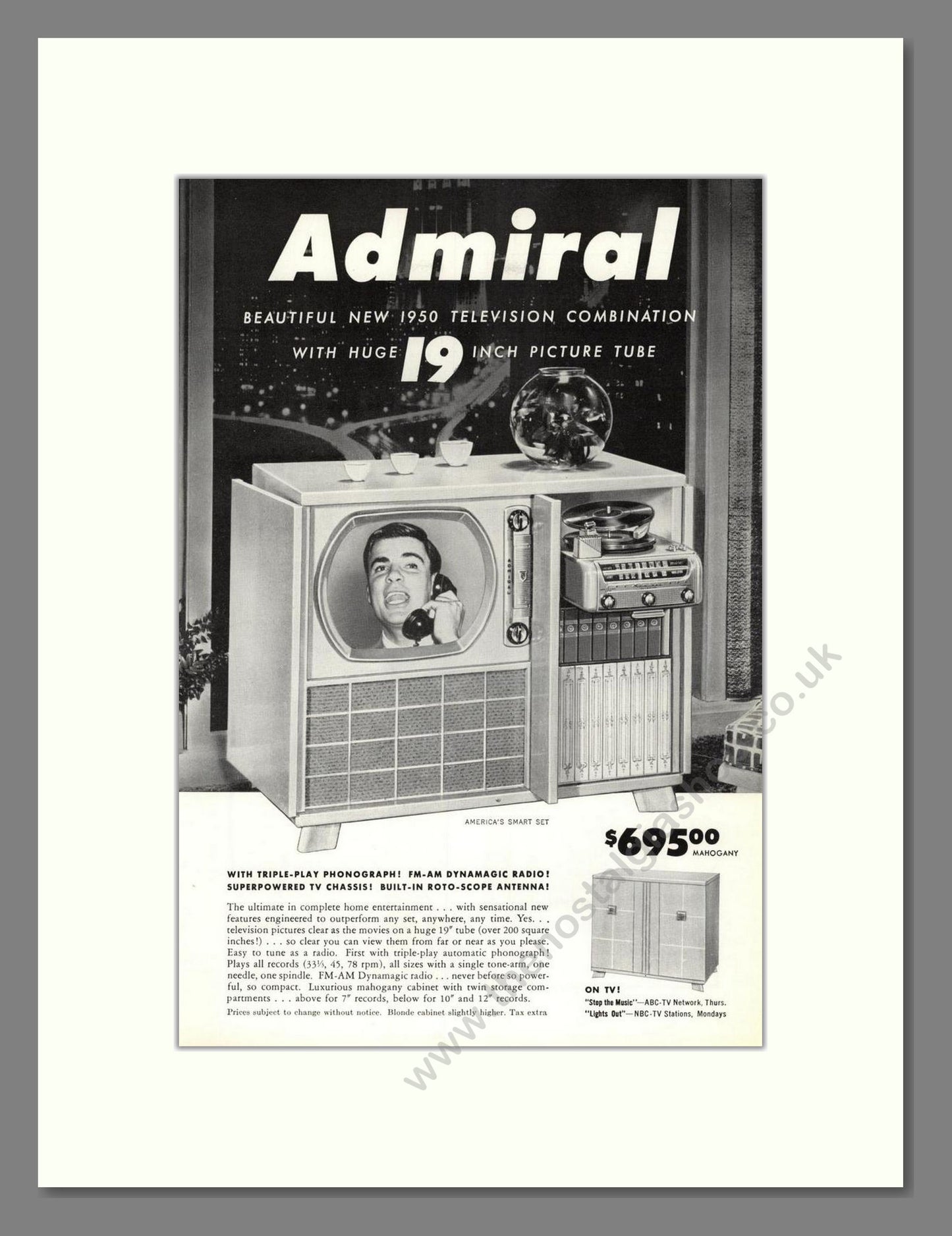 Admiral - 19 Inch TV With Phonograph. Vintage Advert 1950 (ref AD68503)
