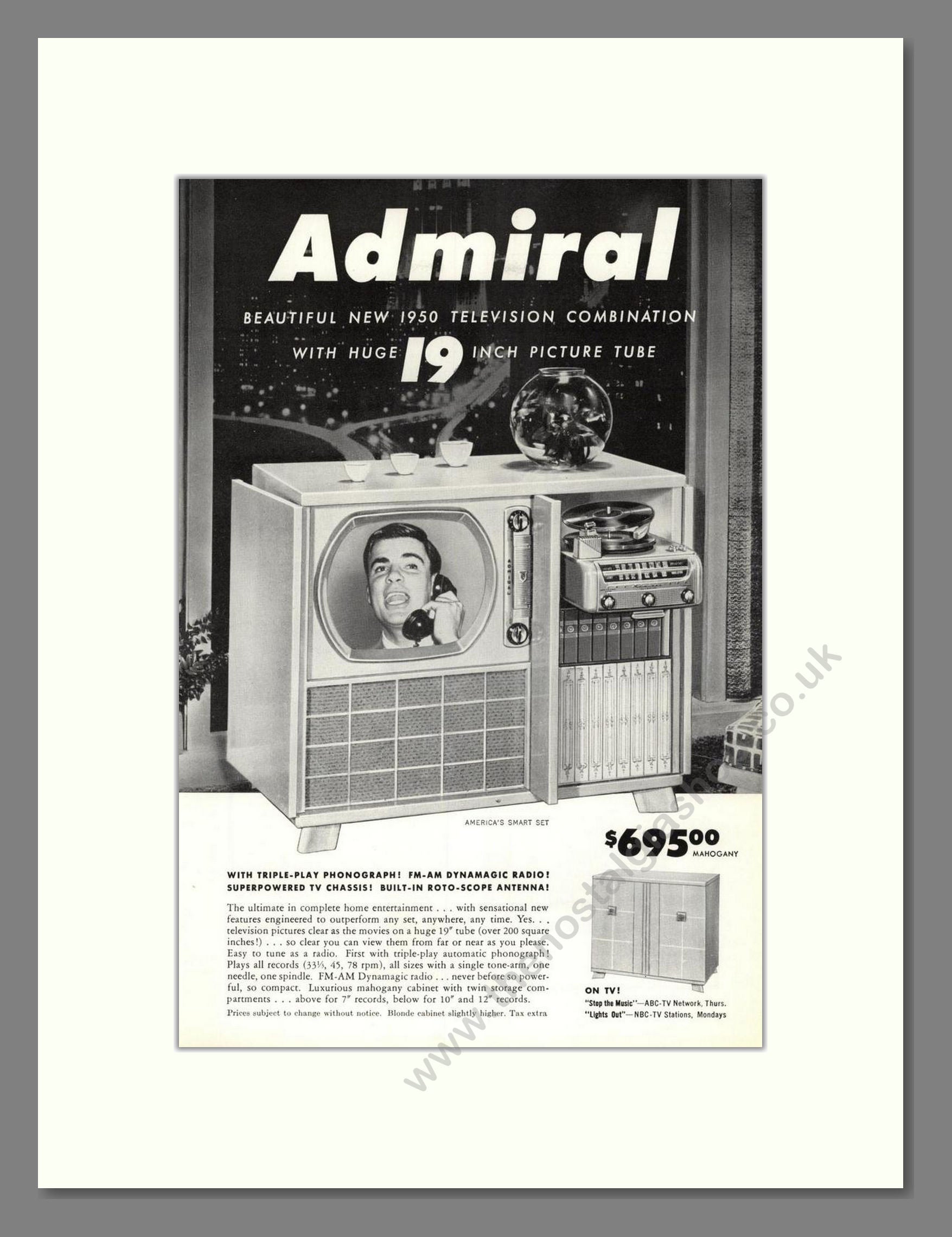 Admiral - 19 Inch TV With Phonograph. Vintage Advert 1950 (ref AD68503)