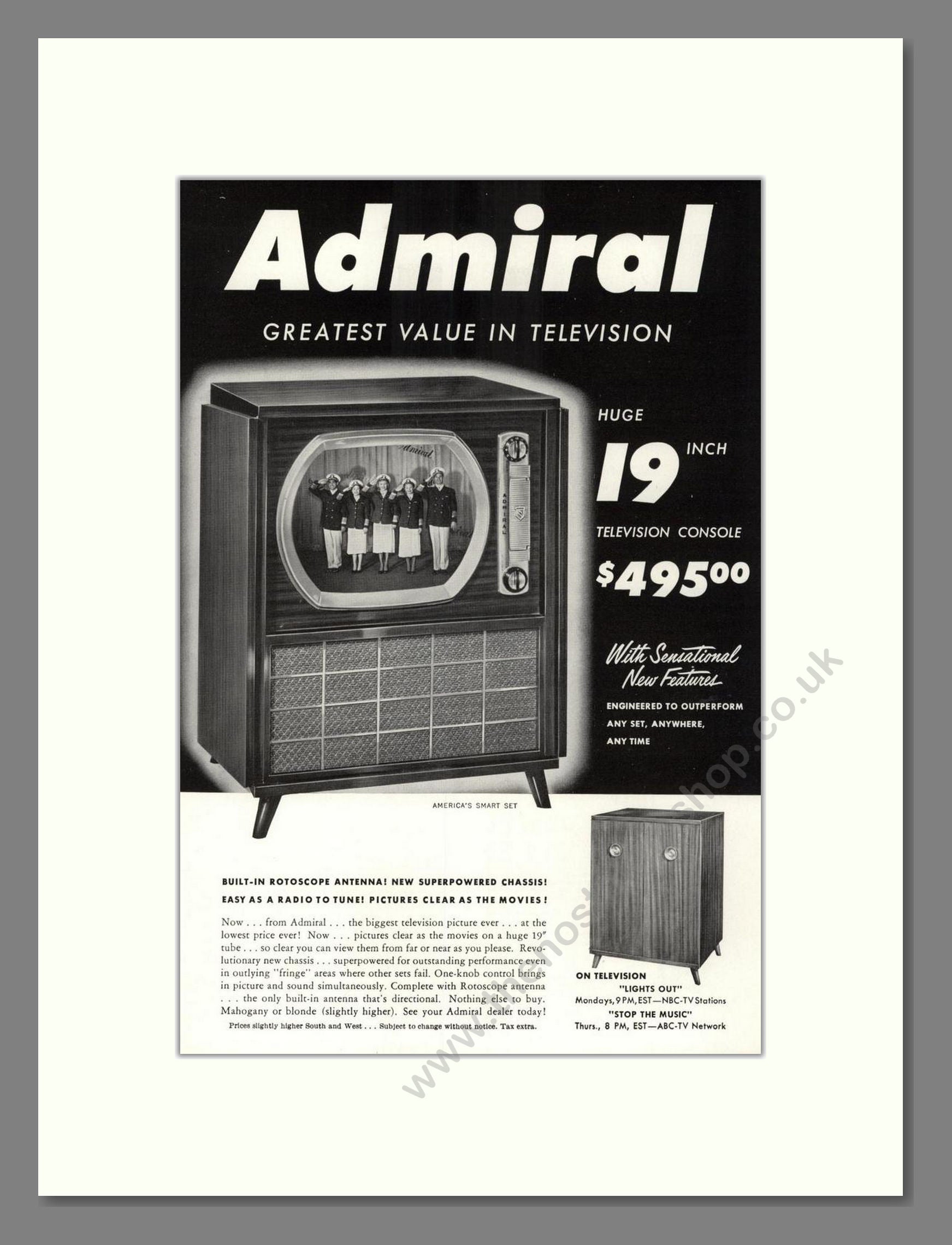 Admiral - 19 Inch TV. Vintage Advert 1950 (ref AD68504)