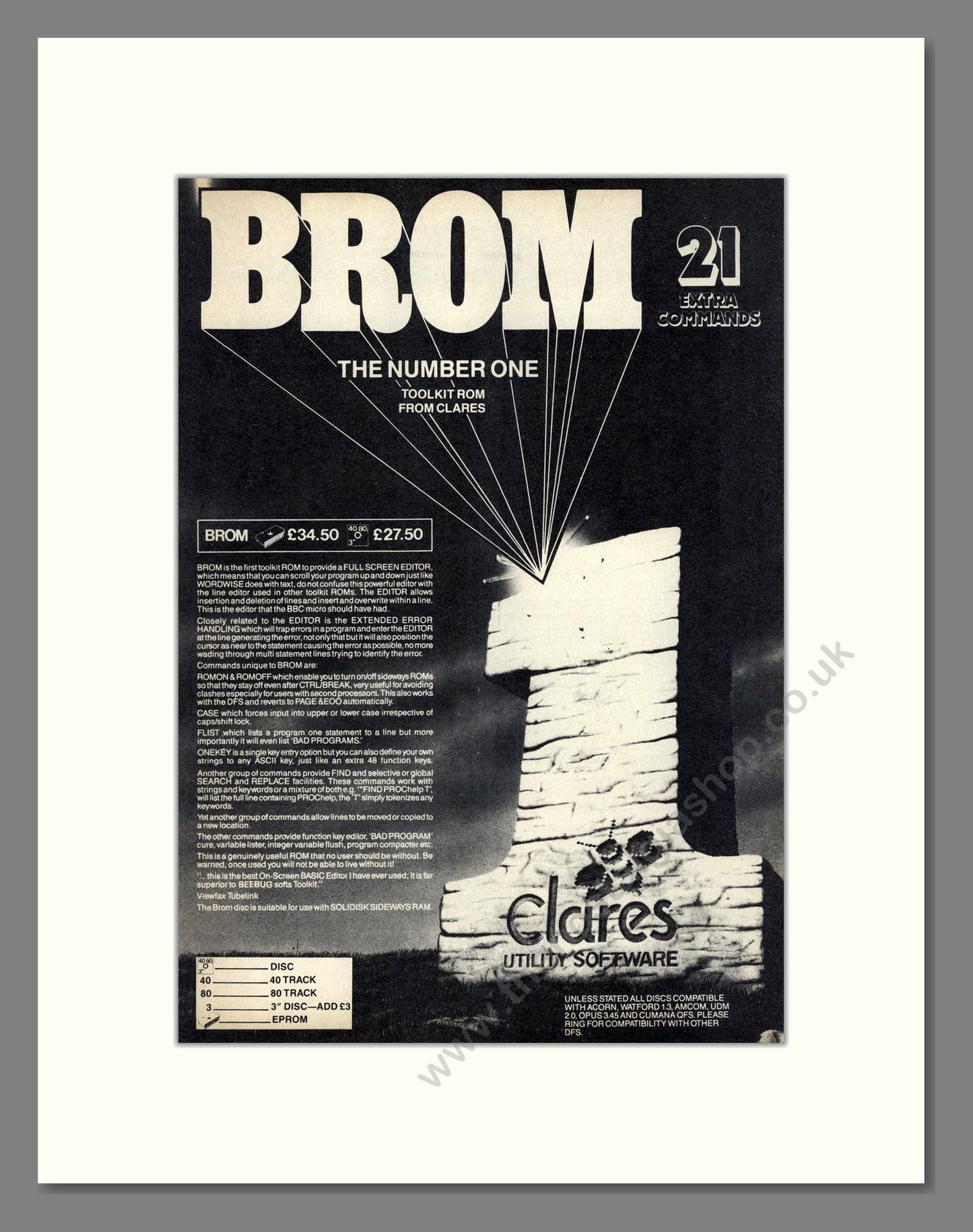 Brom - Clares Utility Software. Vintage Advert 1985 (ref AD68613)