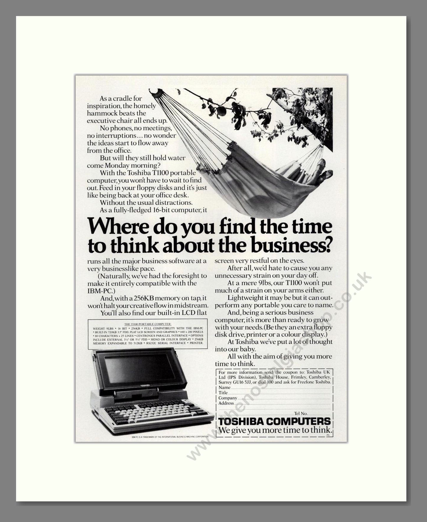 Toshiba - Laptop. Vintage Advert 1985 (ref AD68621)