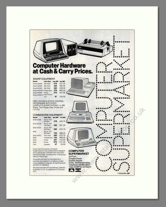 Computer Supermarket - Sharp And Commodore PCs. Vintage Advert 1981 (ref AD68655)