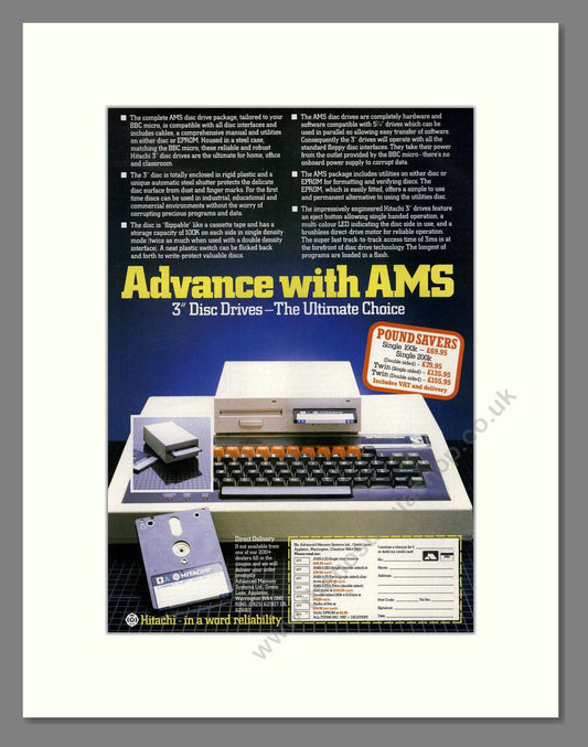 AMS - 3 Inch Disc Drives For BBC Micro. Vintage Advert 1985 (ref AD68690)