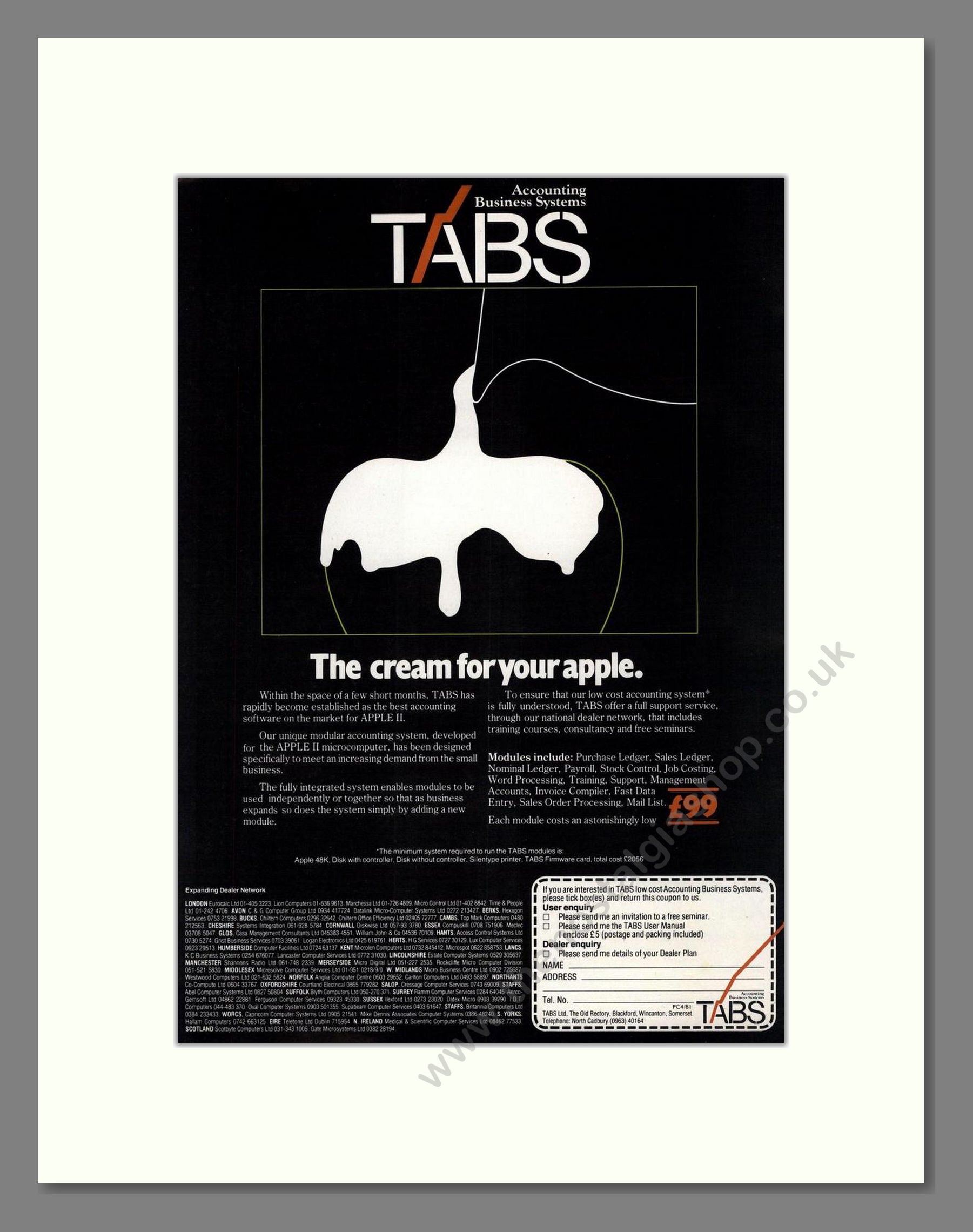 Tabs - Accounting Software For Apple. Vintage Advert 1981 (ref AD68715)