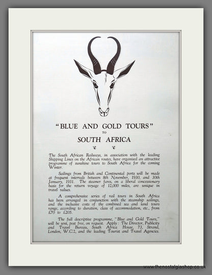South Africa. Blue and Gold Tours. Set of 3 Original Adverts 1930 (ref AD301414)