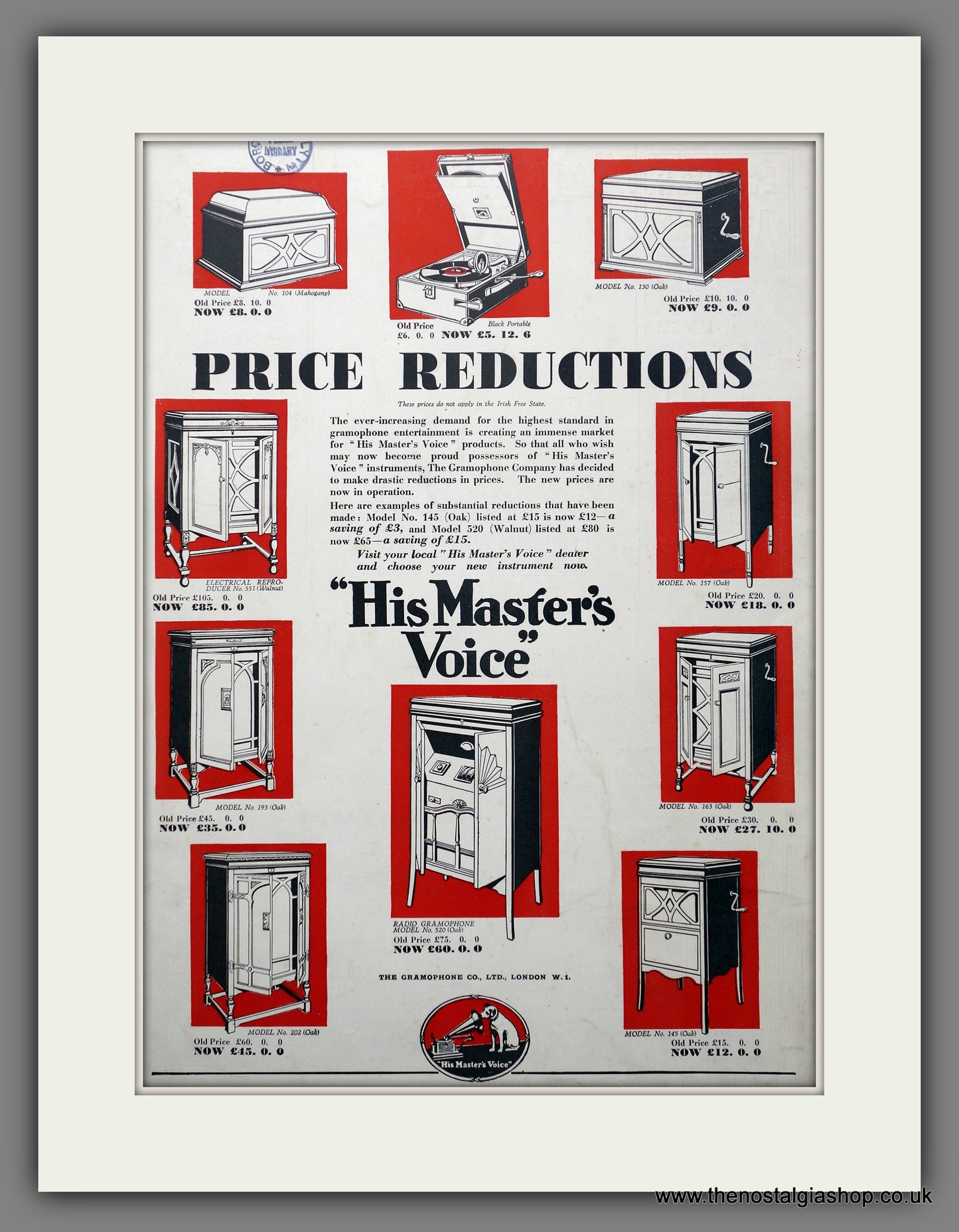 His Master's Voice. Gramophones. Original Advert 1930 (ref AD301424)