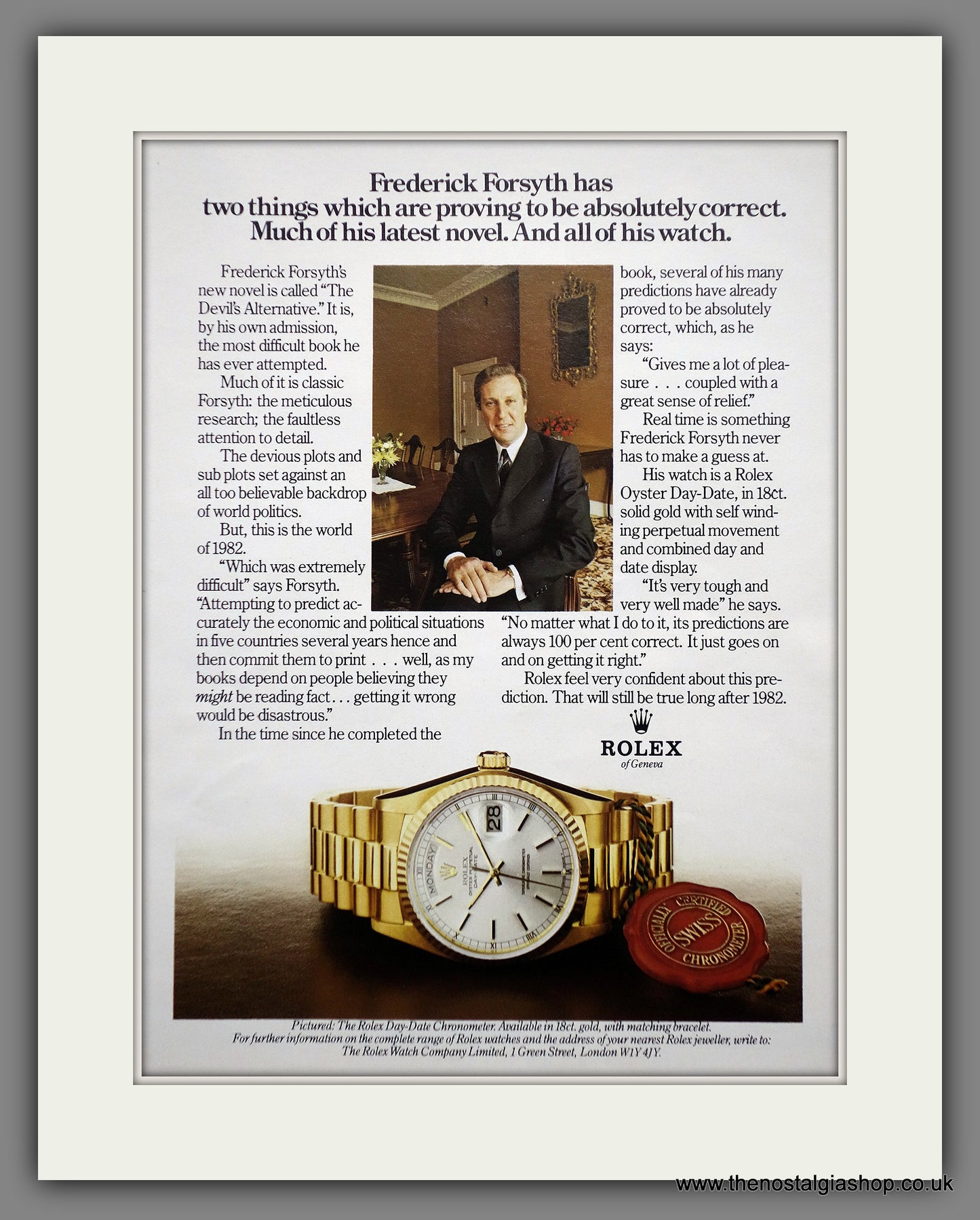 Rolex Day-Date Oyster Perpetual, worn by Frederick Forsyth. Original Advert 1982 (ref AD61193)