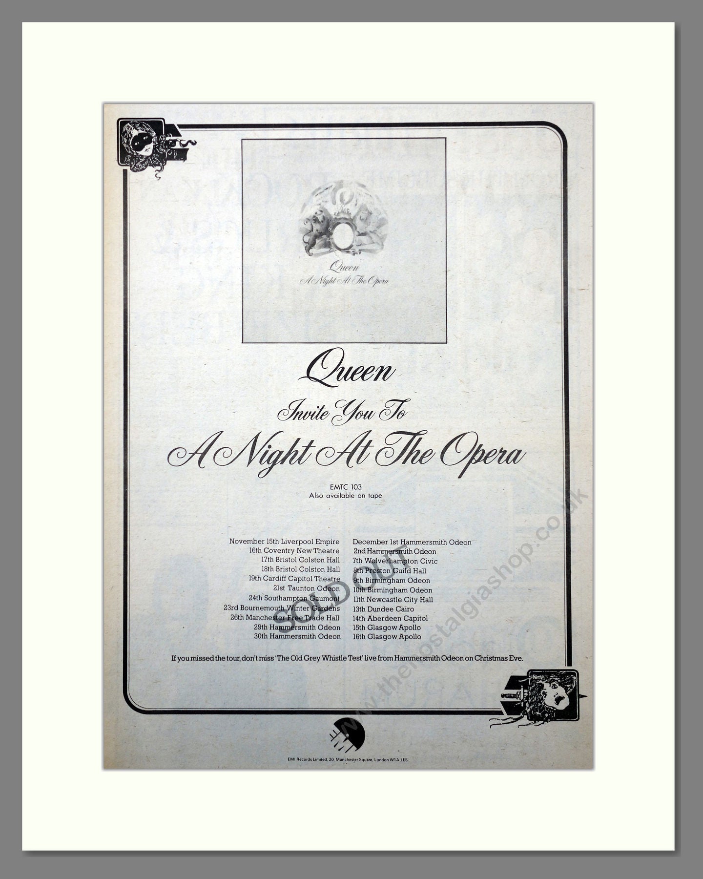 Queen. A Night At The Opera. UK Tour Dates. 1975 Large Original Advert (ref AD15684)