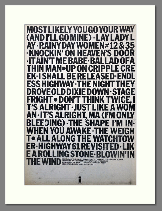 Bob Dylan, Before The Flood. Large Original Advert 1974 (ref AD15696)