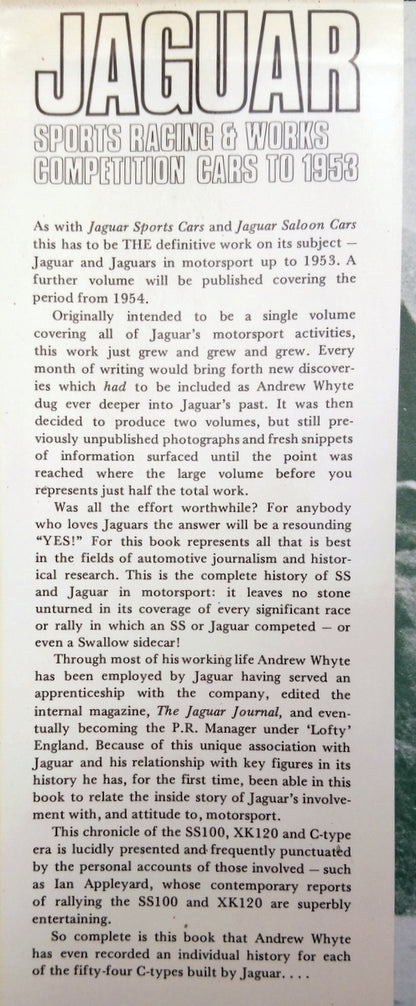 Jaguar Sports Racing and Works Competition Cars to 1953. (ref b257)
