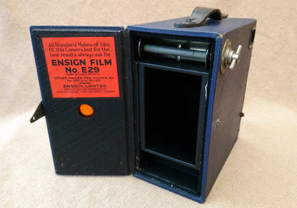 Ensign E29 Box Camera in Blue. 1930's. (ref Nos089Z)