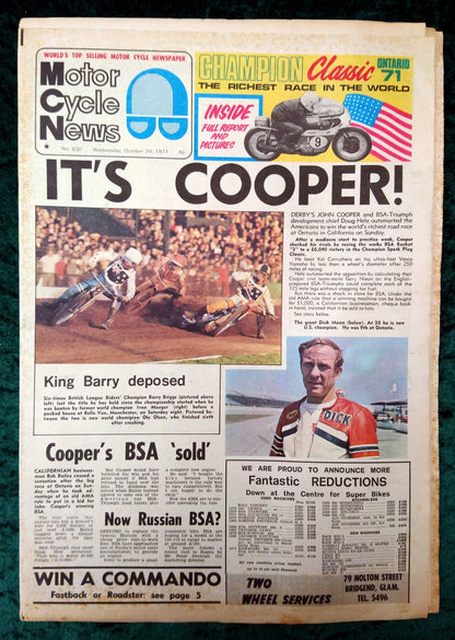 Motor Cycle News Paper. Lot of 3 from 1971. (XLM012)