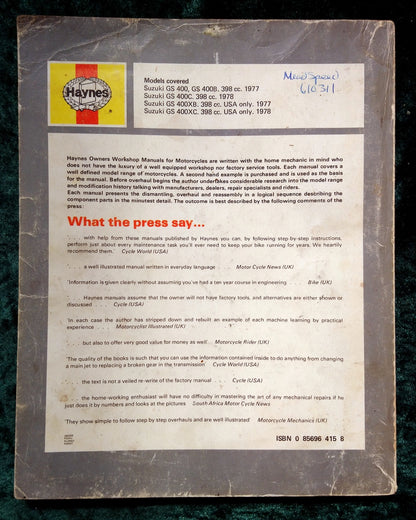 Suzuki GS400 Twins 1976 on. Haynes Owners Manual. (ref b221)