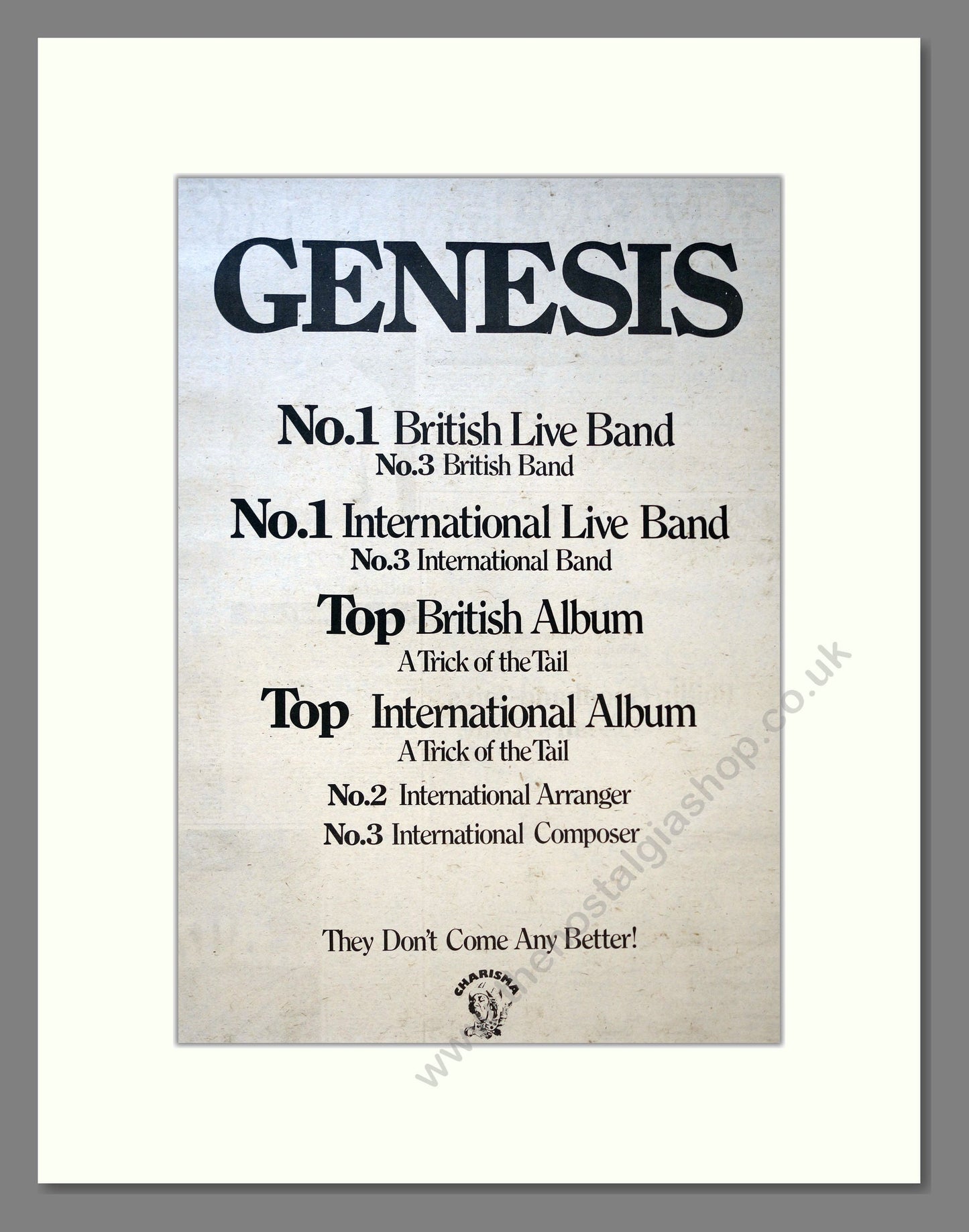 Genesis - Awards. Vintage Advert 1976 (ref AD18110)
