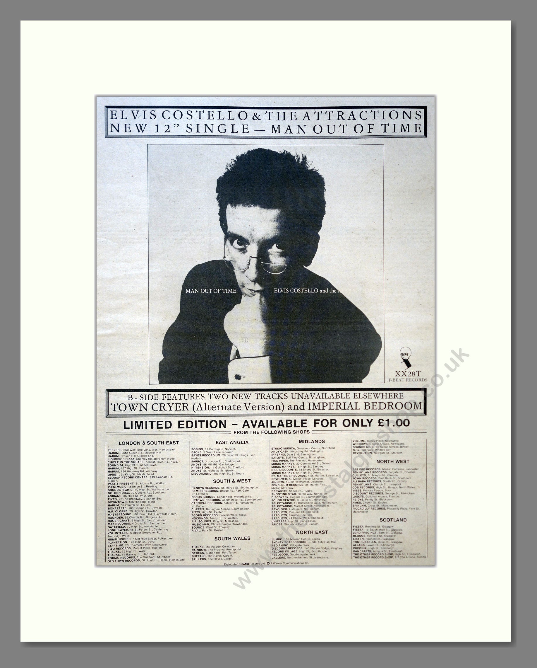 Elvis Costello - Man Out Of Time. Vintage Advert 1982 (ref AD18153)