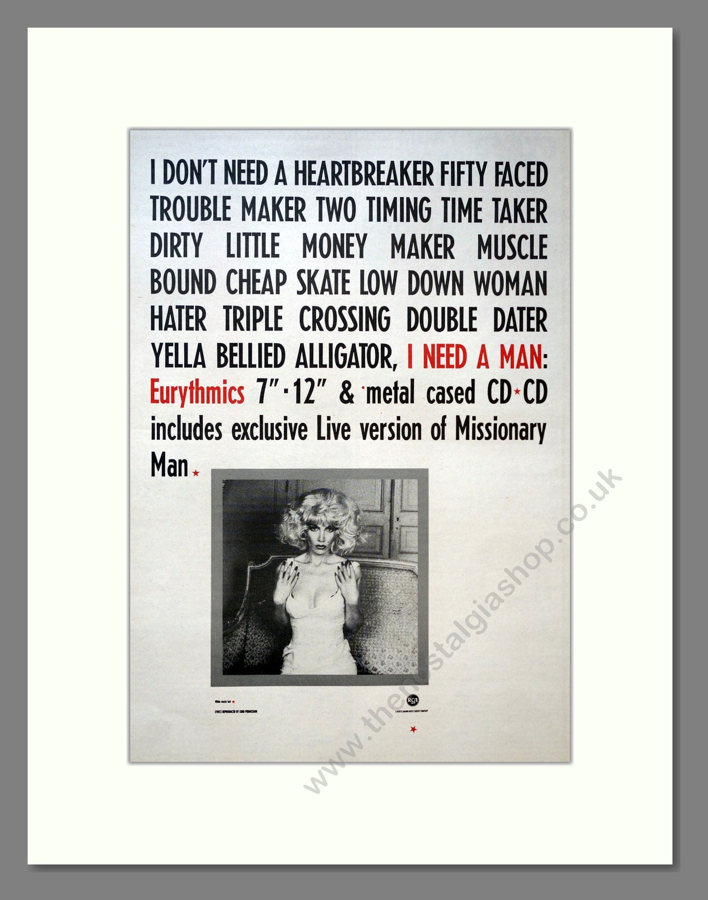 Eurythmics - I Need A Man. Vintage Advert 1988 (ref AD18320)