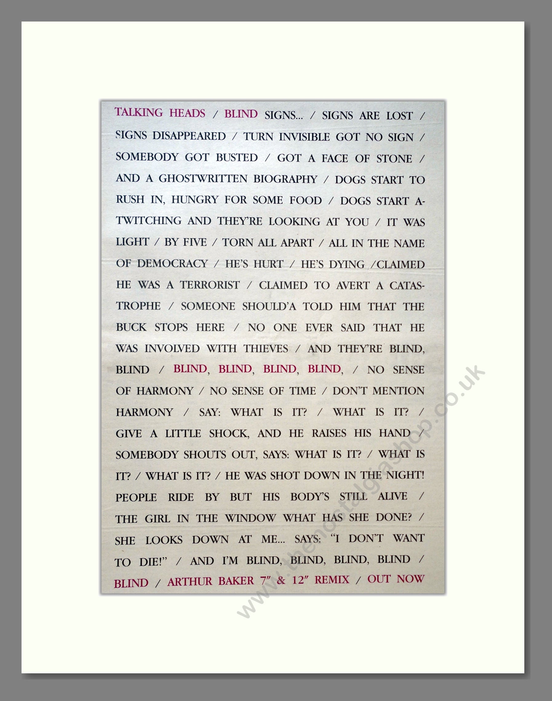 Talking Heads - Blind. Vintage Advert 1988 (ref AD18395)